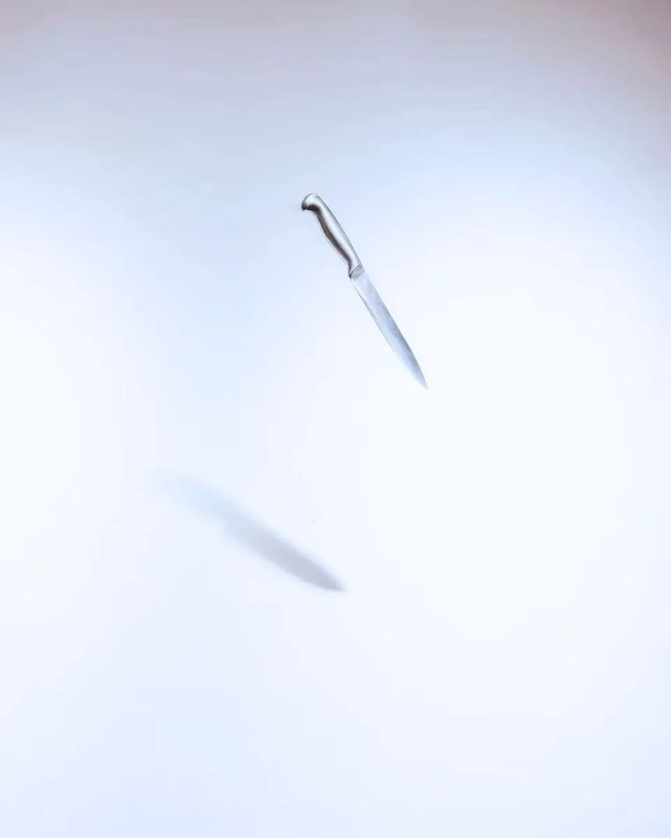 Silver knife suspended in midair with a shadow below on a plain white background.