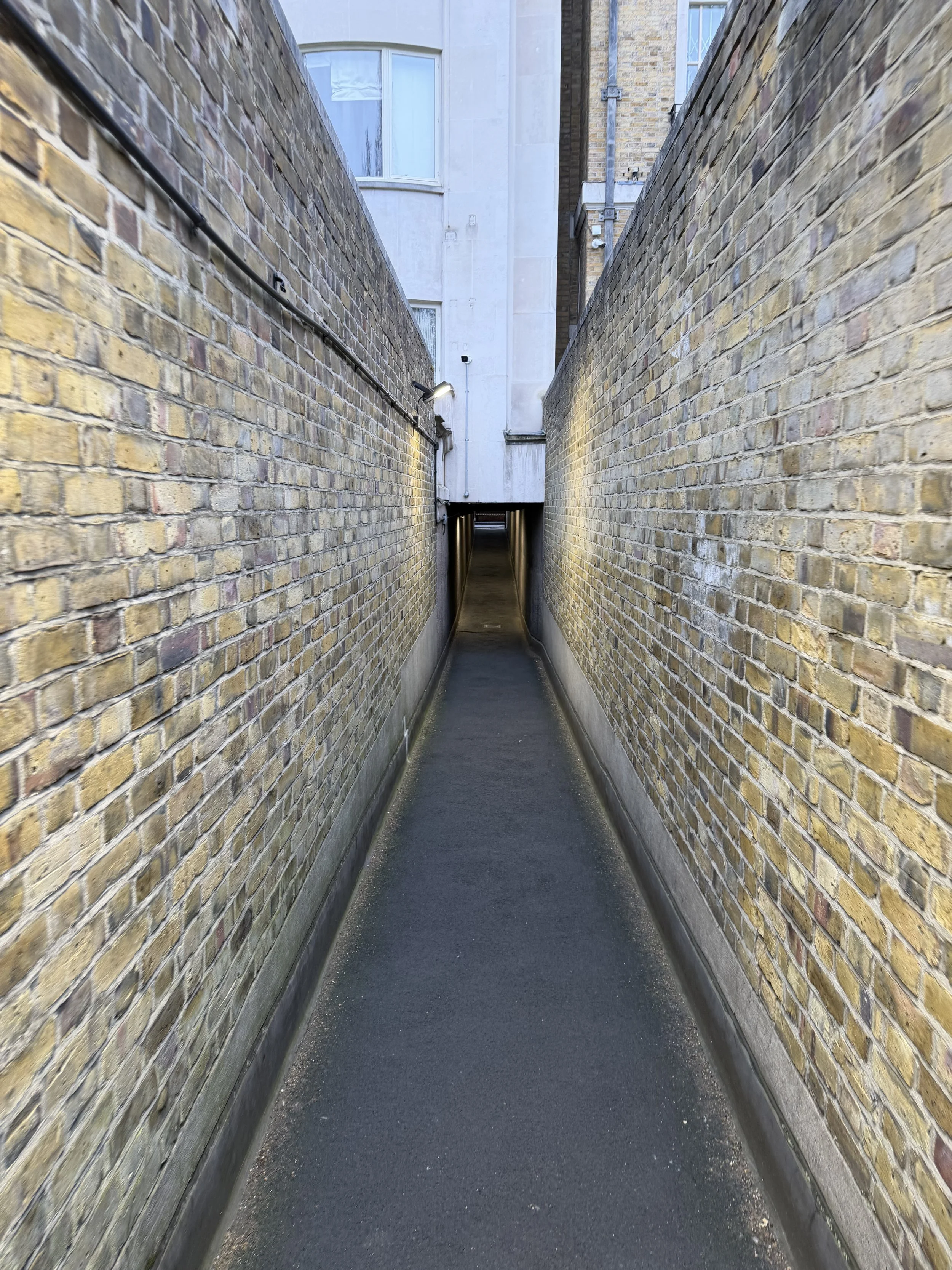 A narrow alleyway between two brick buildings with a dark asphalt pathway and minimal lighting.