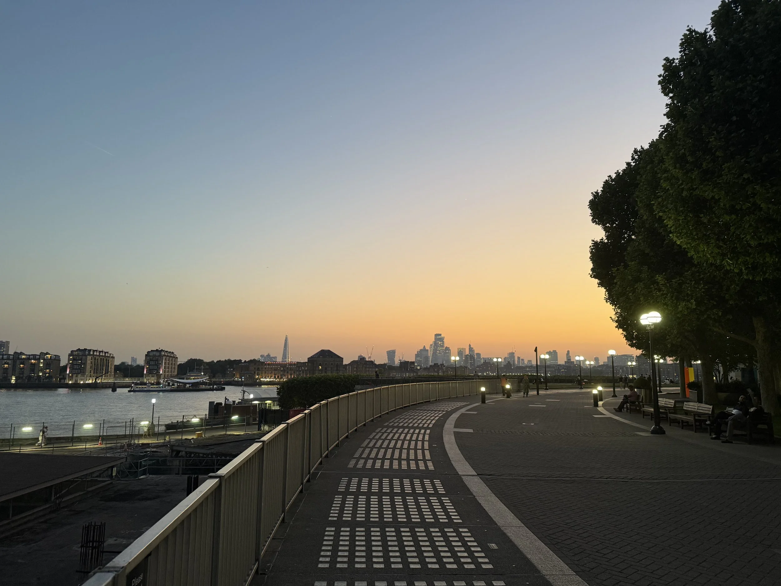 View of a city skyline at sunset with buildings, a river, a paved promenade with benches, and a large tree on the right.