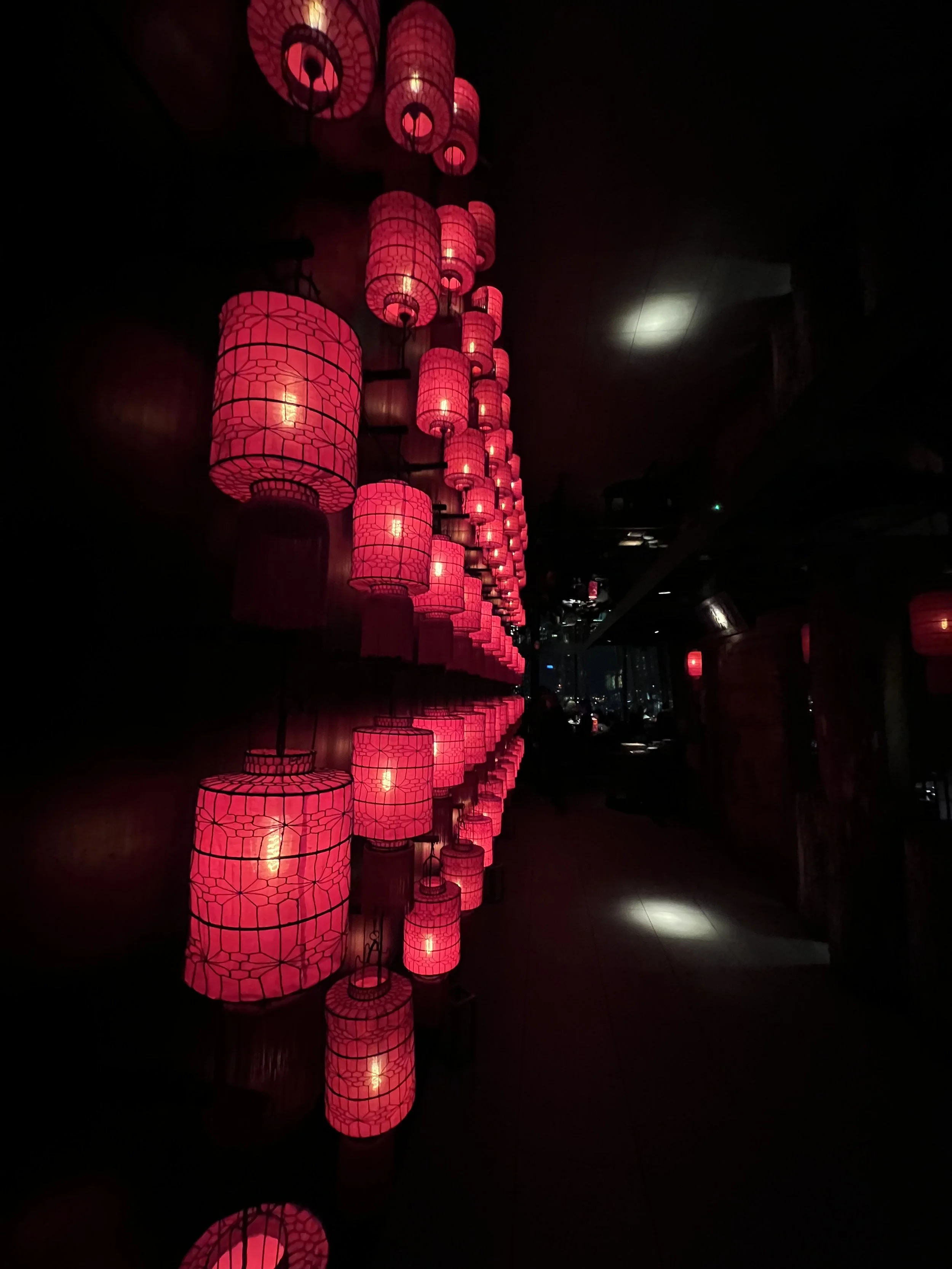 Red lanterns hanging in a row in a dark indoor setting.