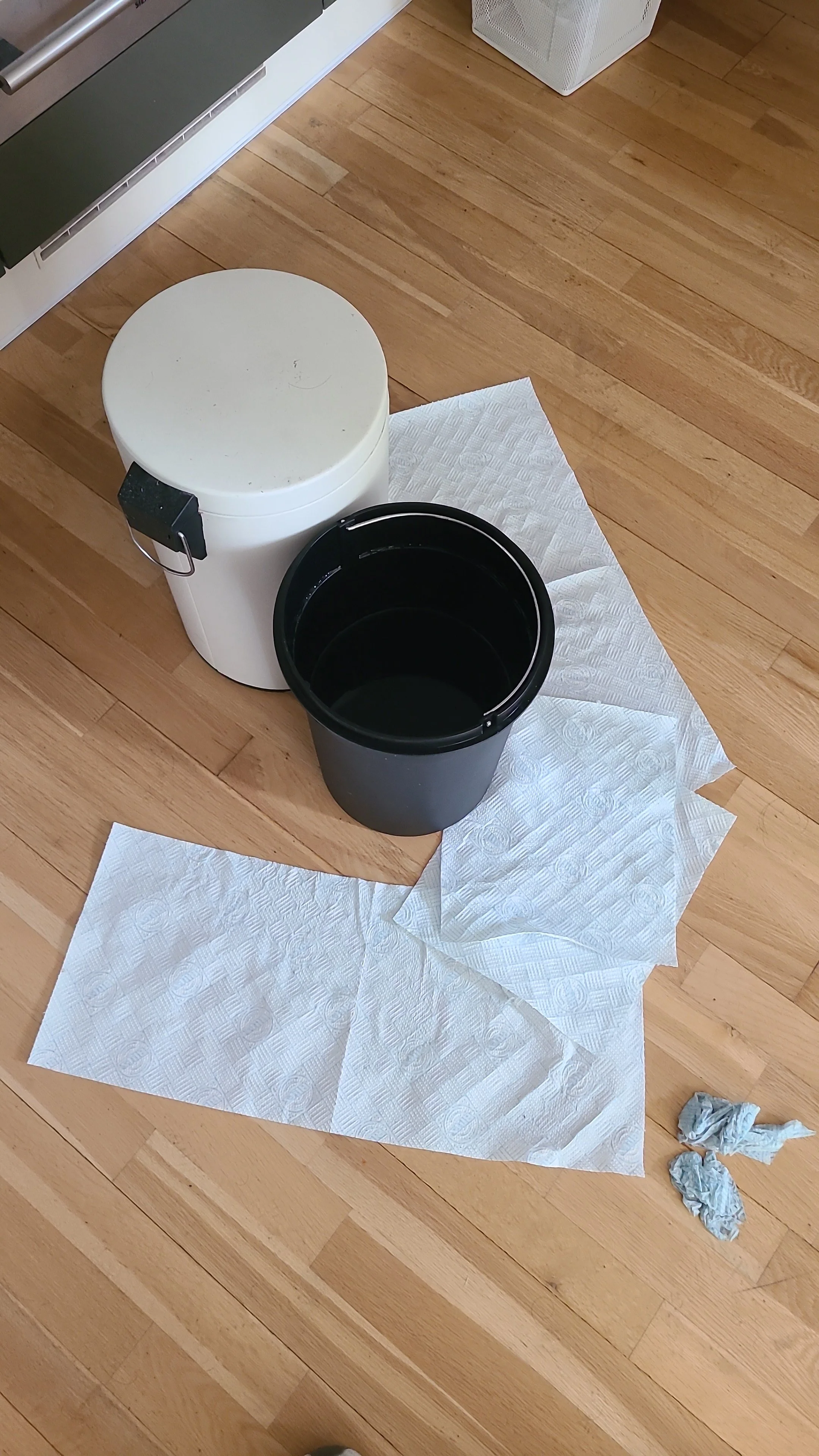 A roll of paper towels, a black bucket, crumpled tissues, and a sheet of paper towels on a wooden floor in a kitchen.