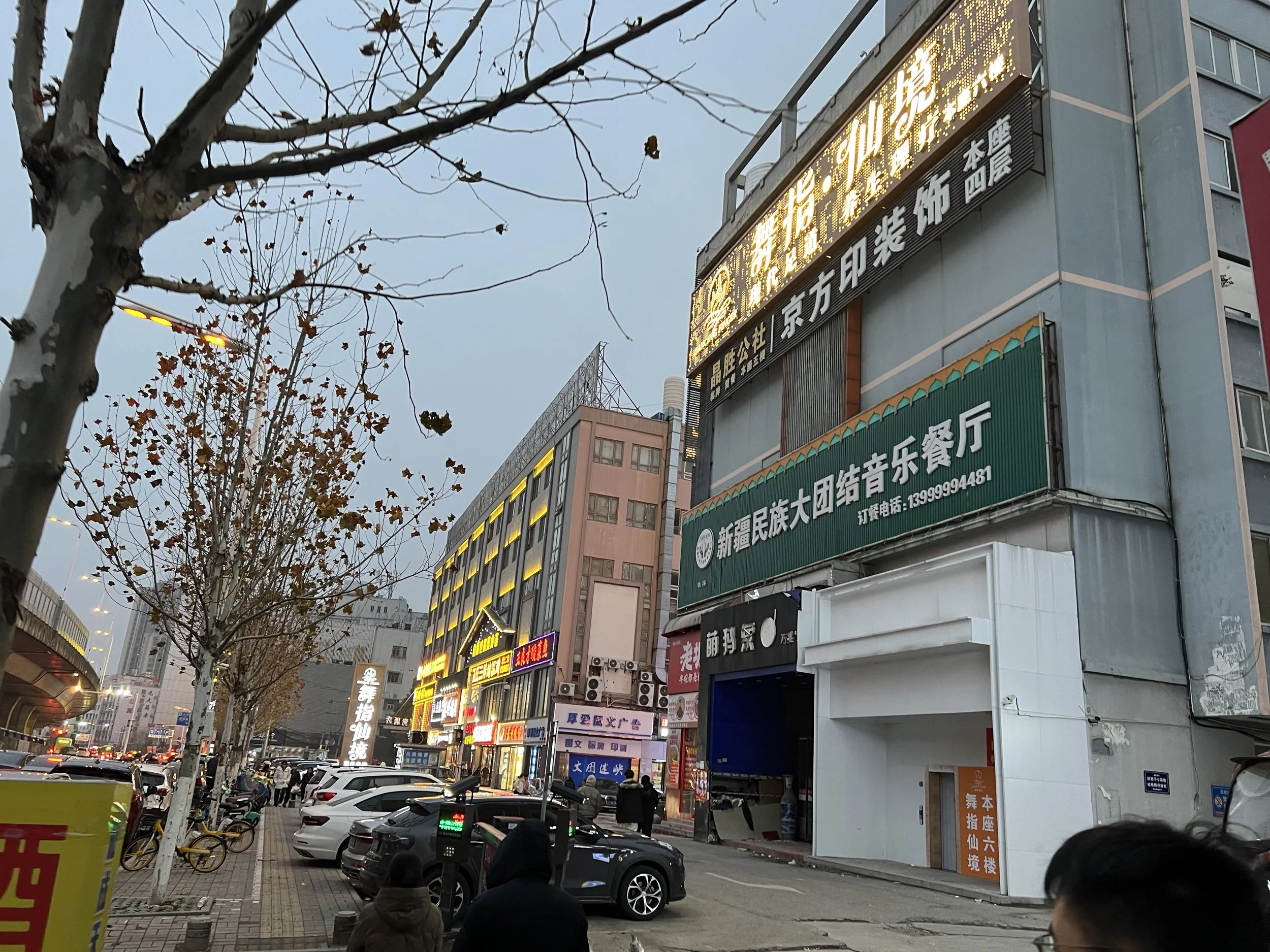 A busy street scene in an urban area with multiple buildings featuring illuminated signs with Chinese characters, leafless trees lining the sidewalk, and numerous parked and moving cars. People are walking on the sidewalk.