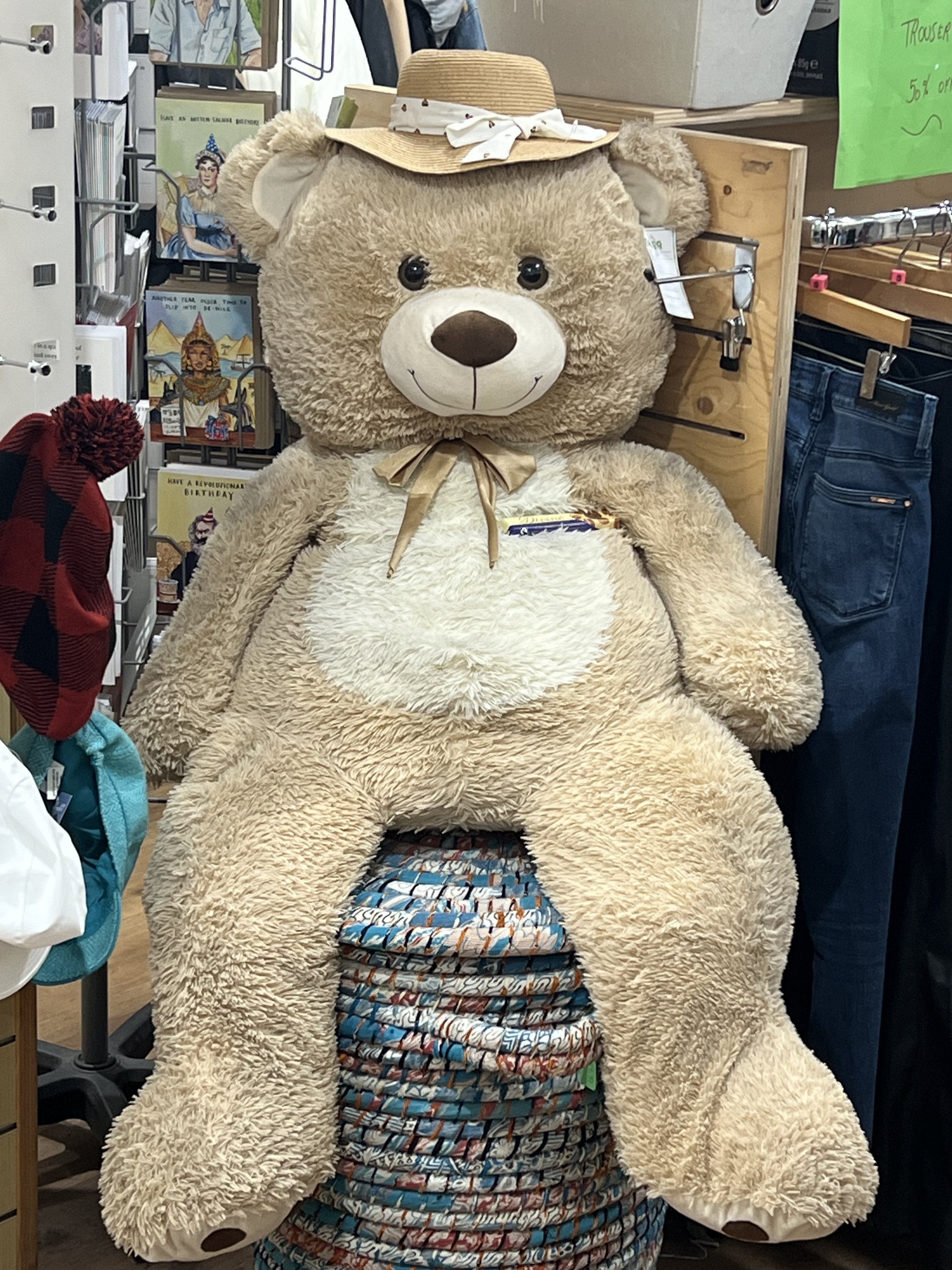 A large teddy bear wearing a wide-brimmed hat with a white ribbon, sitting on a display in a store, with shelves and a green sale sign nearby.