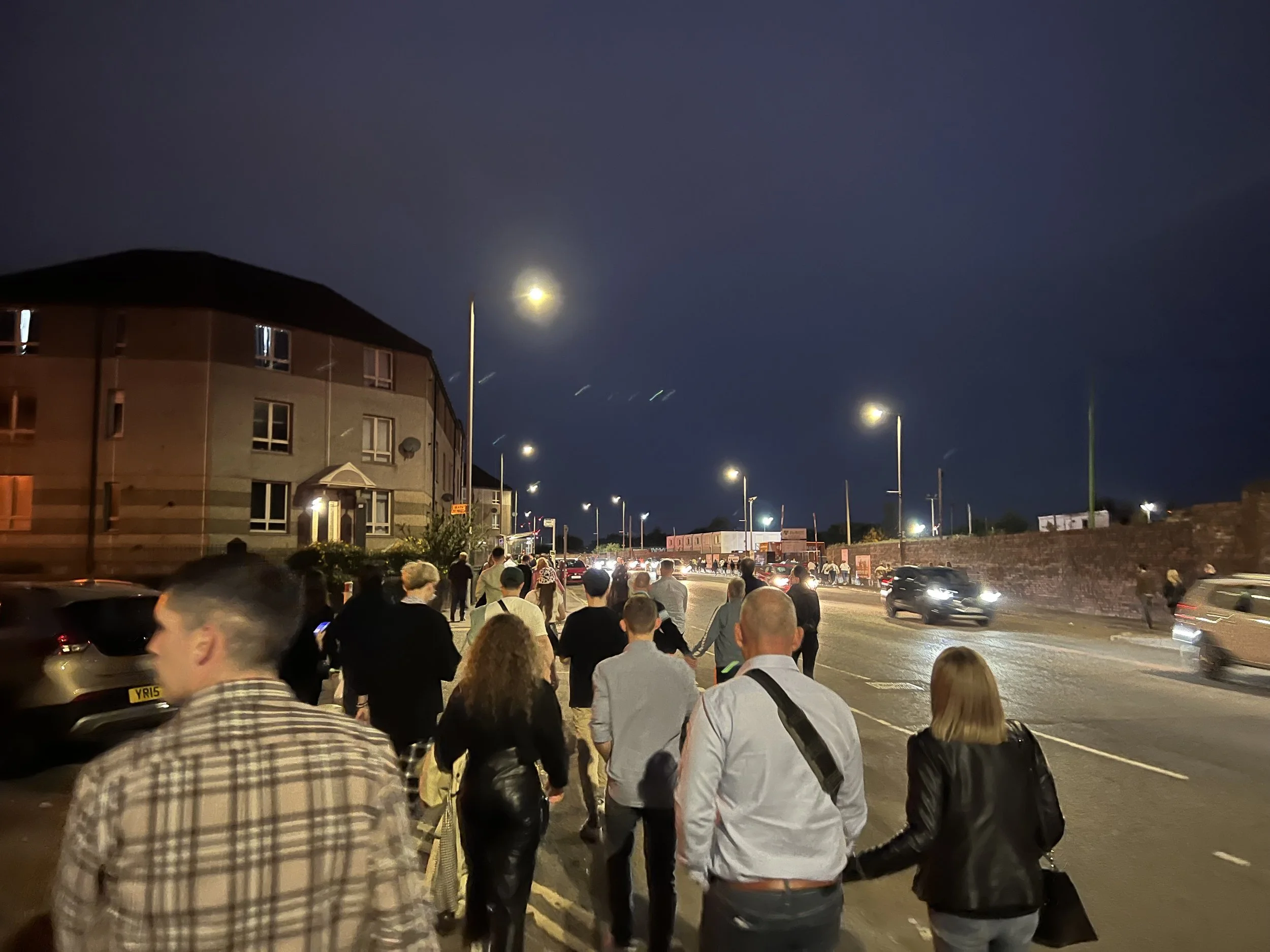 Crowd of people walking along a city street at night, with buildings and streetlights visible.