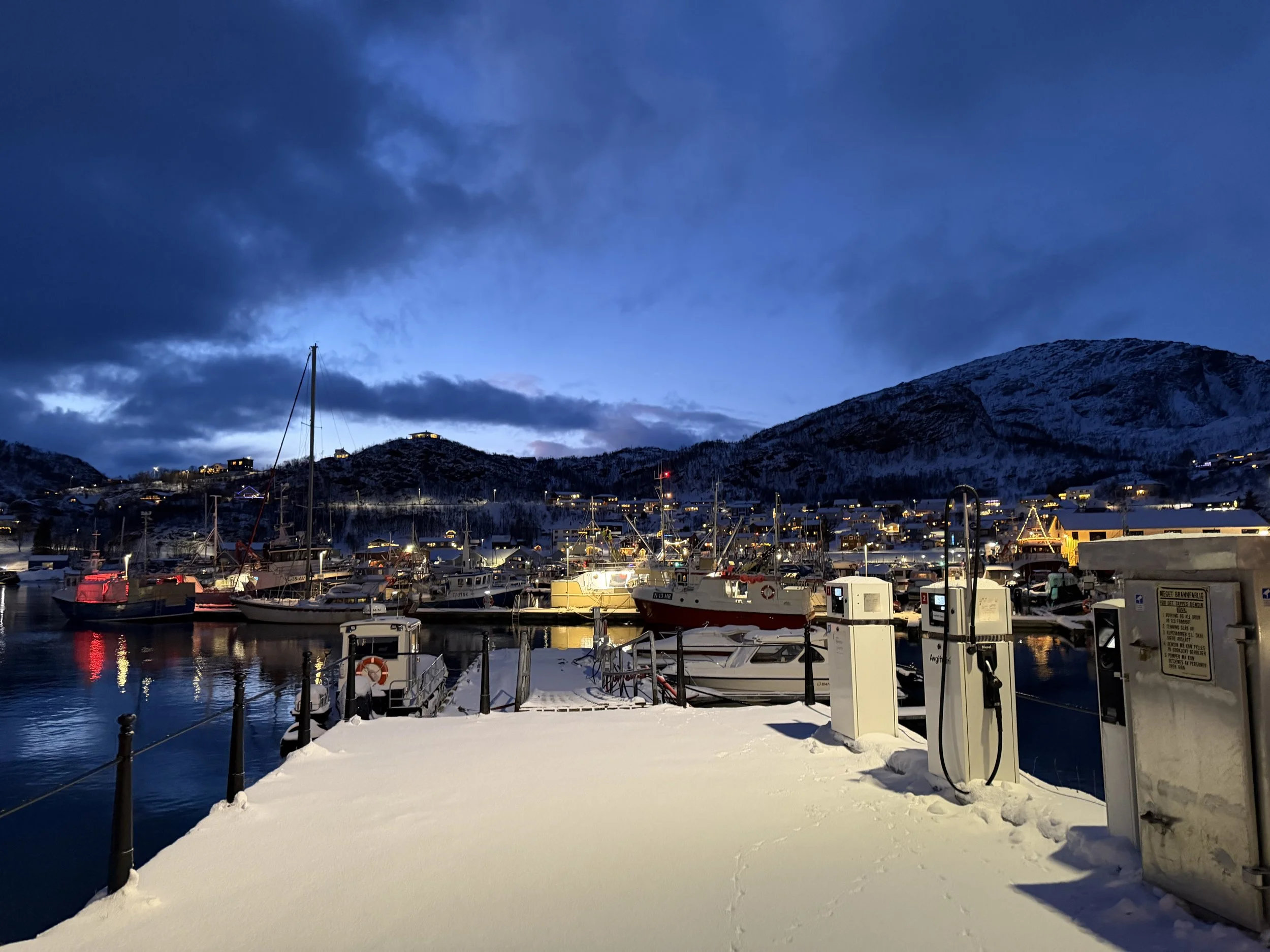 A marina with boats docked, snow on the ground and mountains in the background, cloudy sky during dusk.