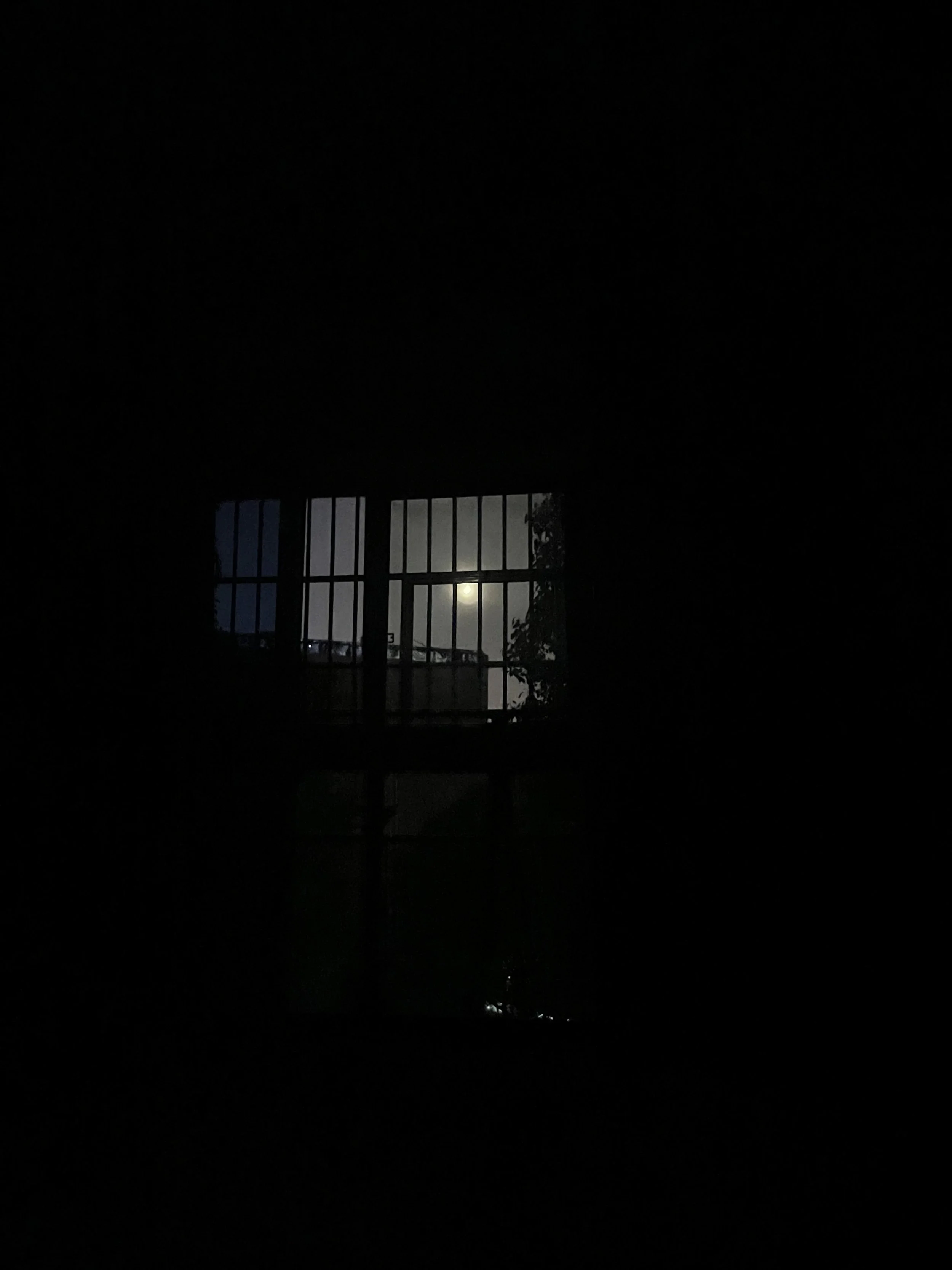 Nighttime scene showing a window with bars and the moon visible through it.