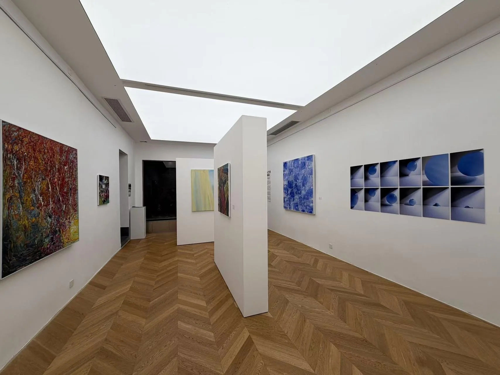 Interior view of an art gallery with abstract paintings on white walls, featuring colorful and blue artwork, with a wooden parquet floor and a skylight ceiling.