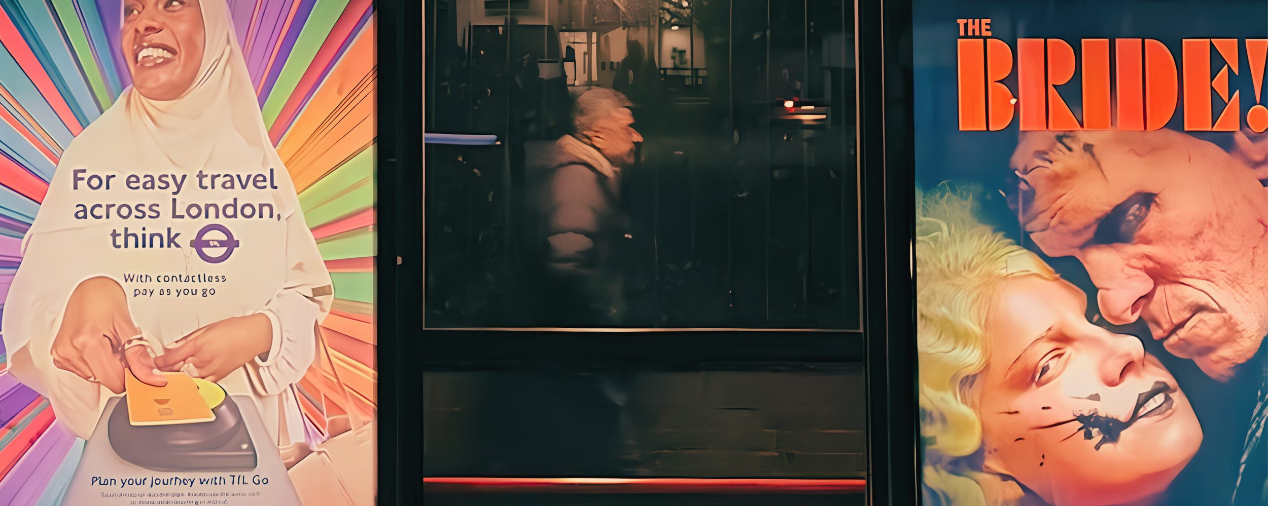 Reflective glass display with a person sitting on a bench inside, surrounded by colorful posters. The poster on the left features a woman in a hijab holding a suitcase with text, "For easy travel across London, think" and a logo, along with the phras