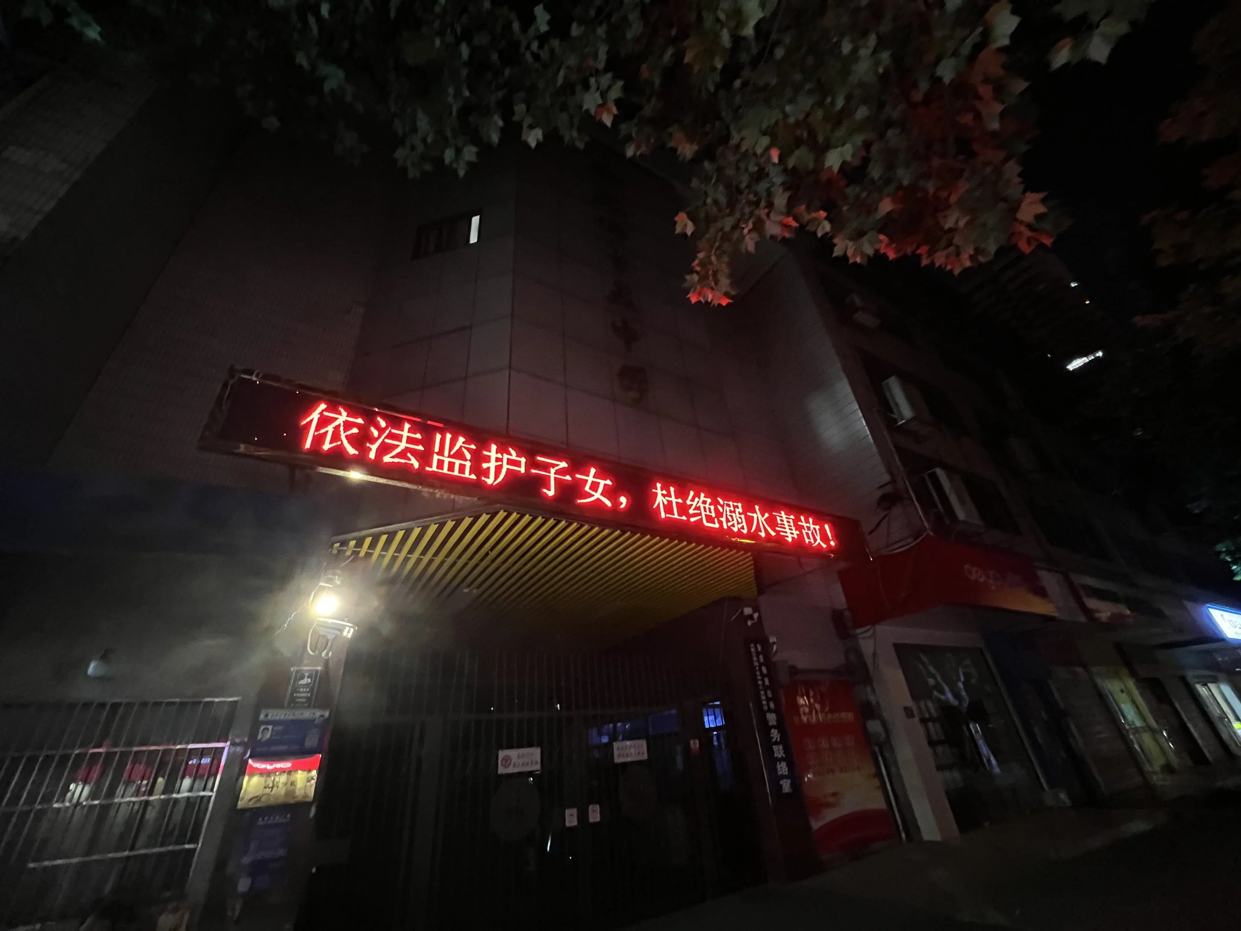 Night view of a building with a illuminated red LED sign displaying Chinese characters, next to a tree with autumn leaves, and a street lamp illuminating the area.