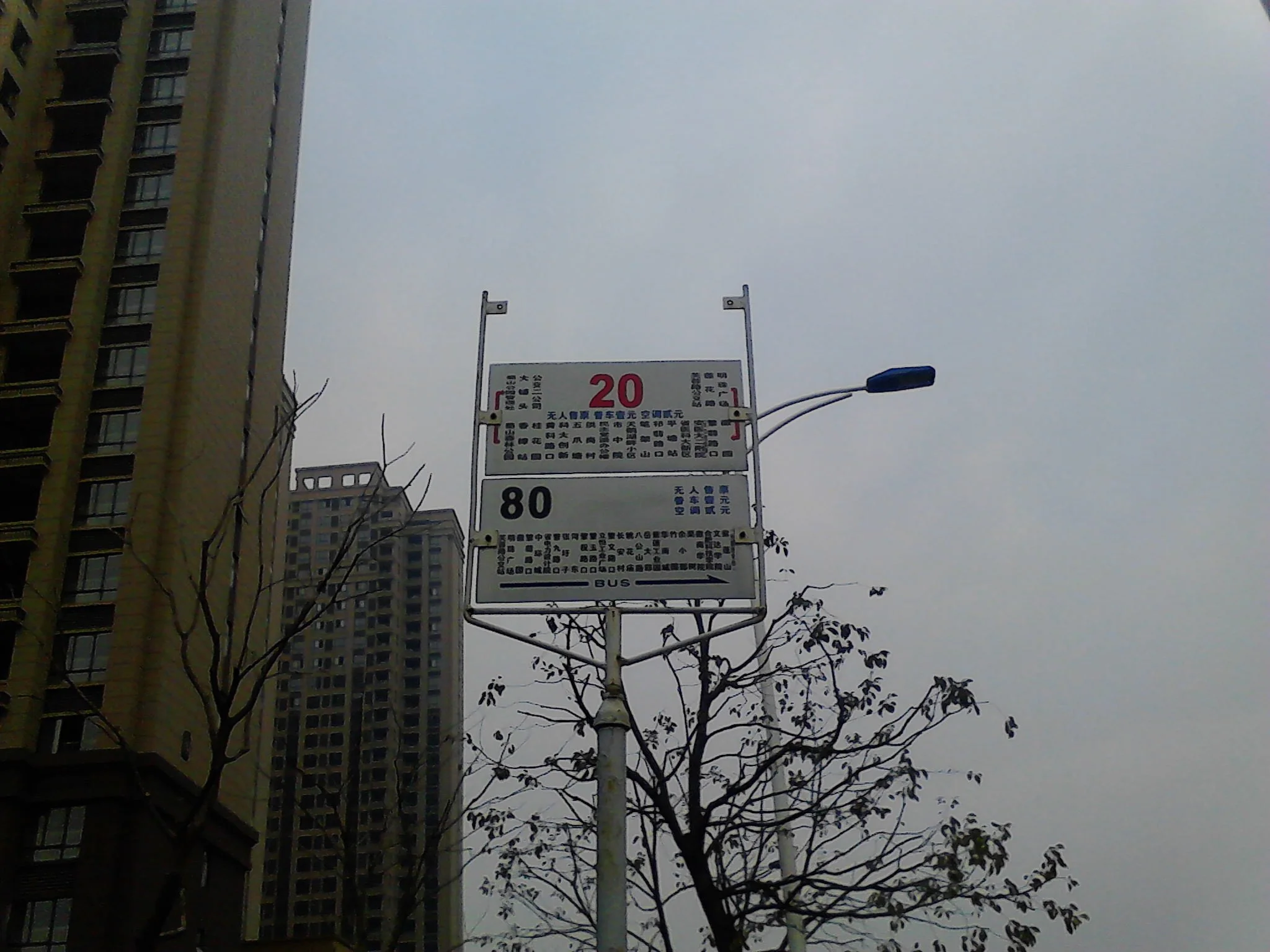 City street scene with a parking sign, tall buildings, and leafless trees on an overcast day.