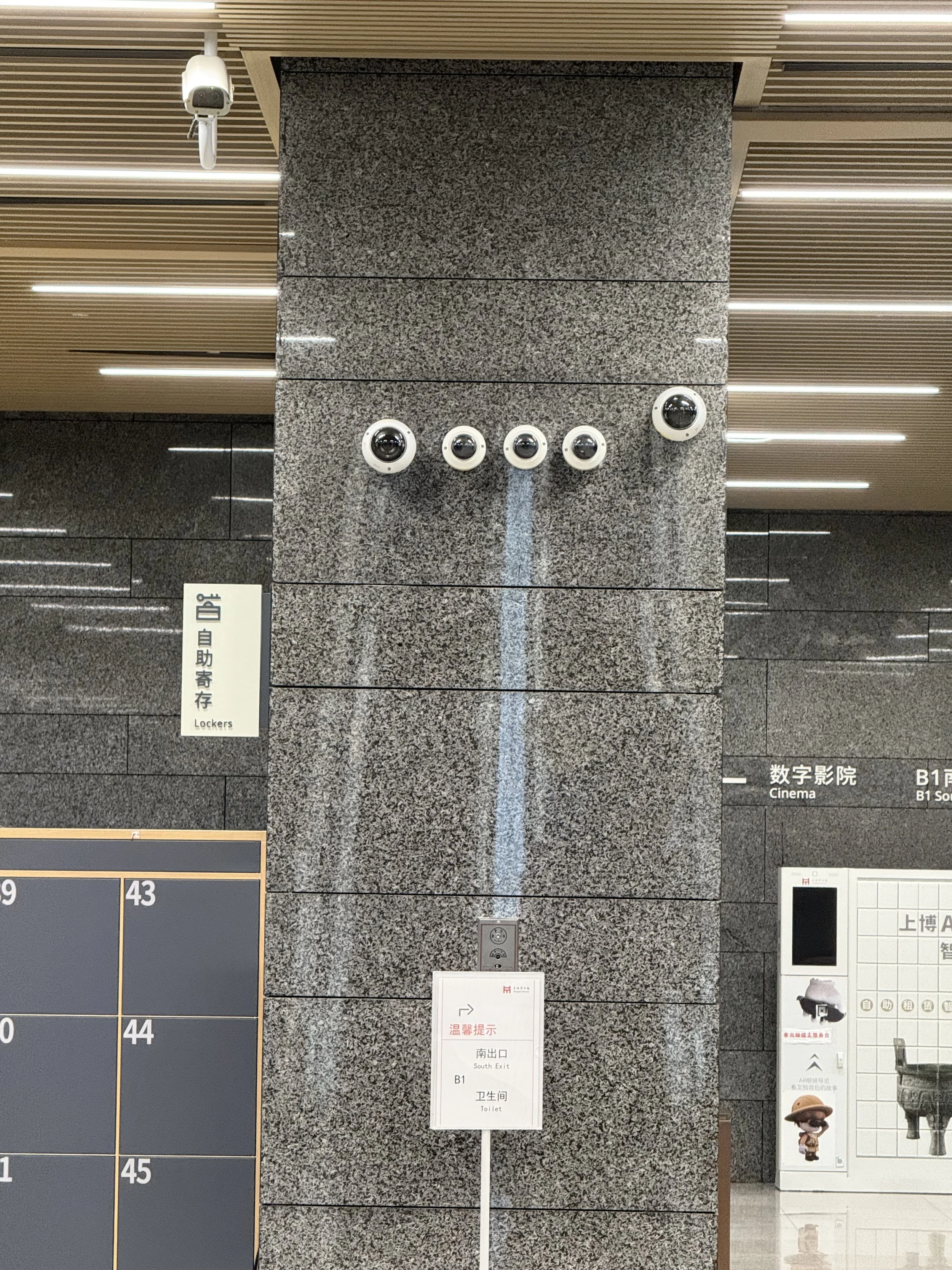 Sign indicating the location of lockers, with a row of surveillance cameras above and signage for cinema, south exit, and toilets nearby.