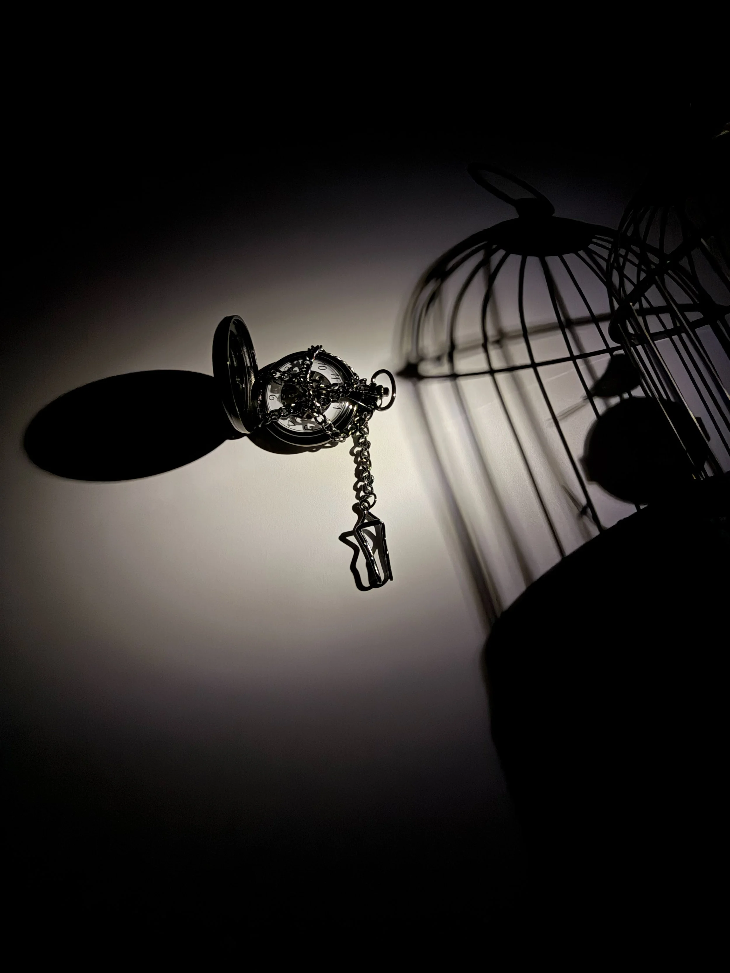 A vintage pocket watch hanging from a chain casting a shadow on a white wall, with a birdcage to the right.