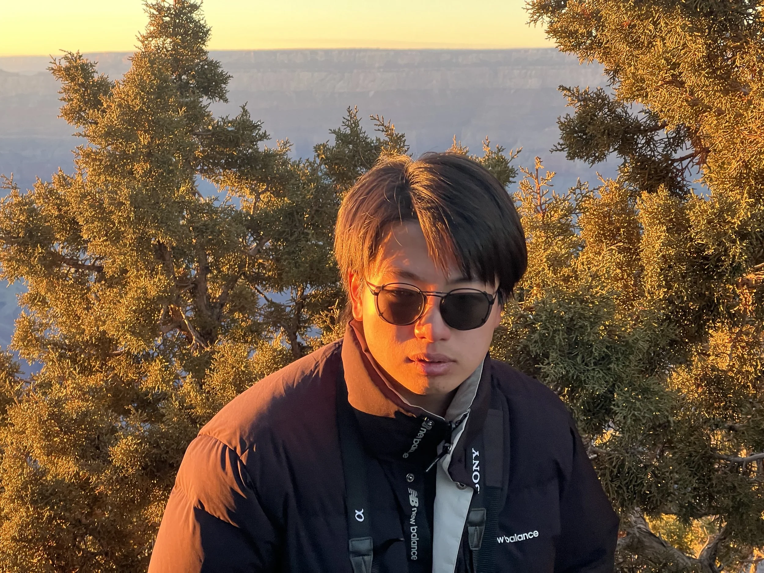 Person with dark hair, wearing sunglasses and a black jacket, standing outdoors at sunset near pine trees.