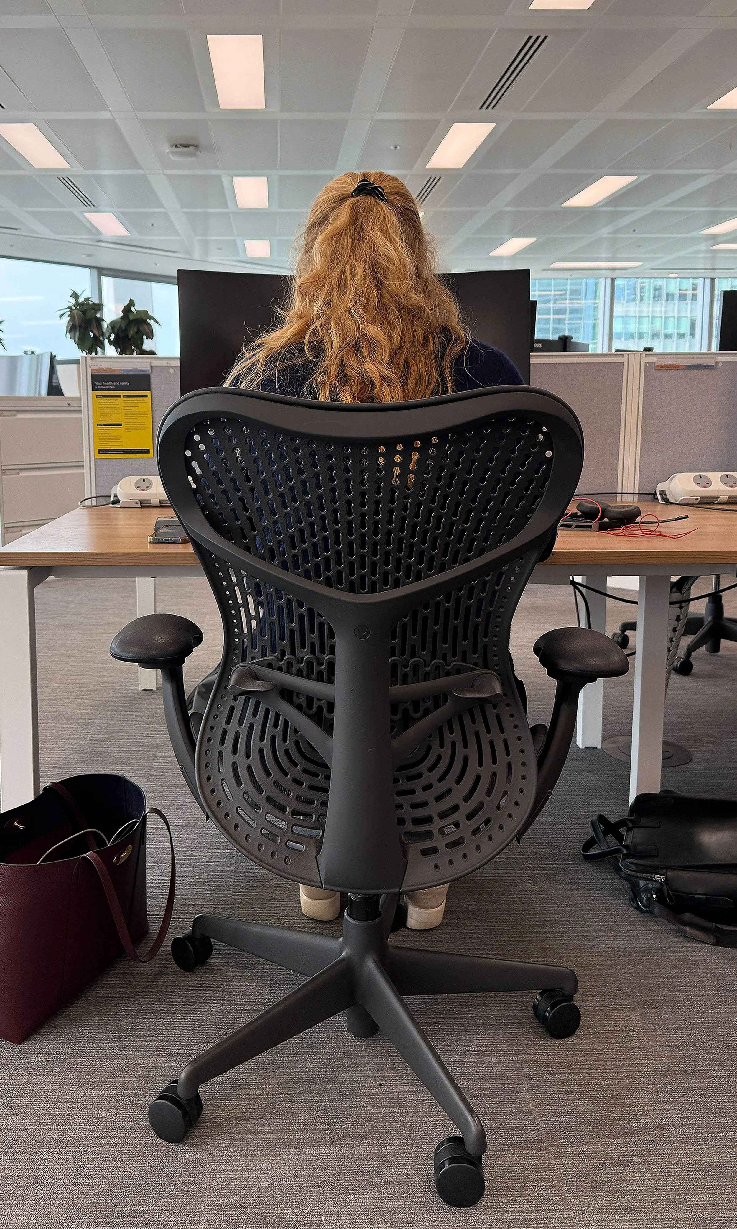 Person with curly red hair sitting at a desk in an office, viewed from behind. The office has a modern look with large windows, overhead lights, and plants in the background.