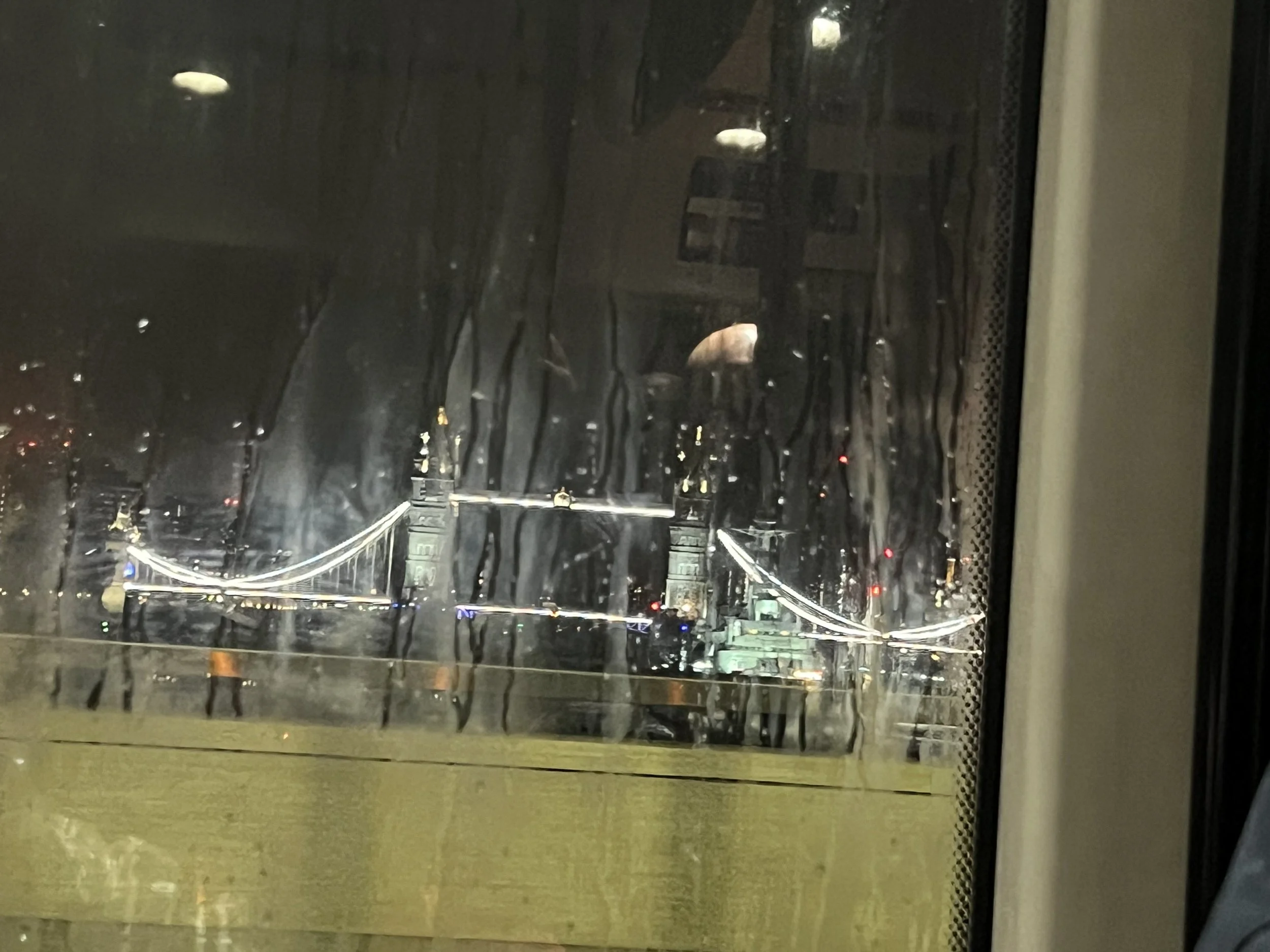 Nighttime view of a bridge over water, seen through a rain-covered window.