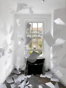 Papers flying around a small room with a window, desk, and chair.