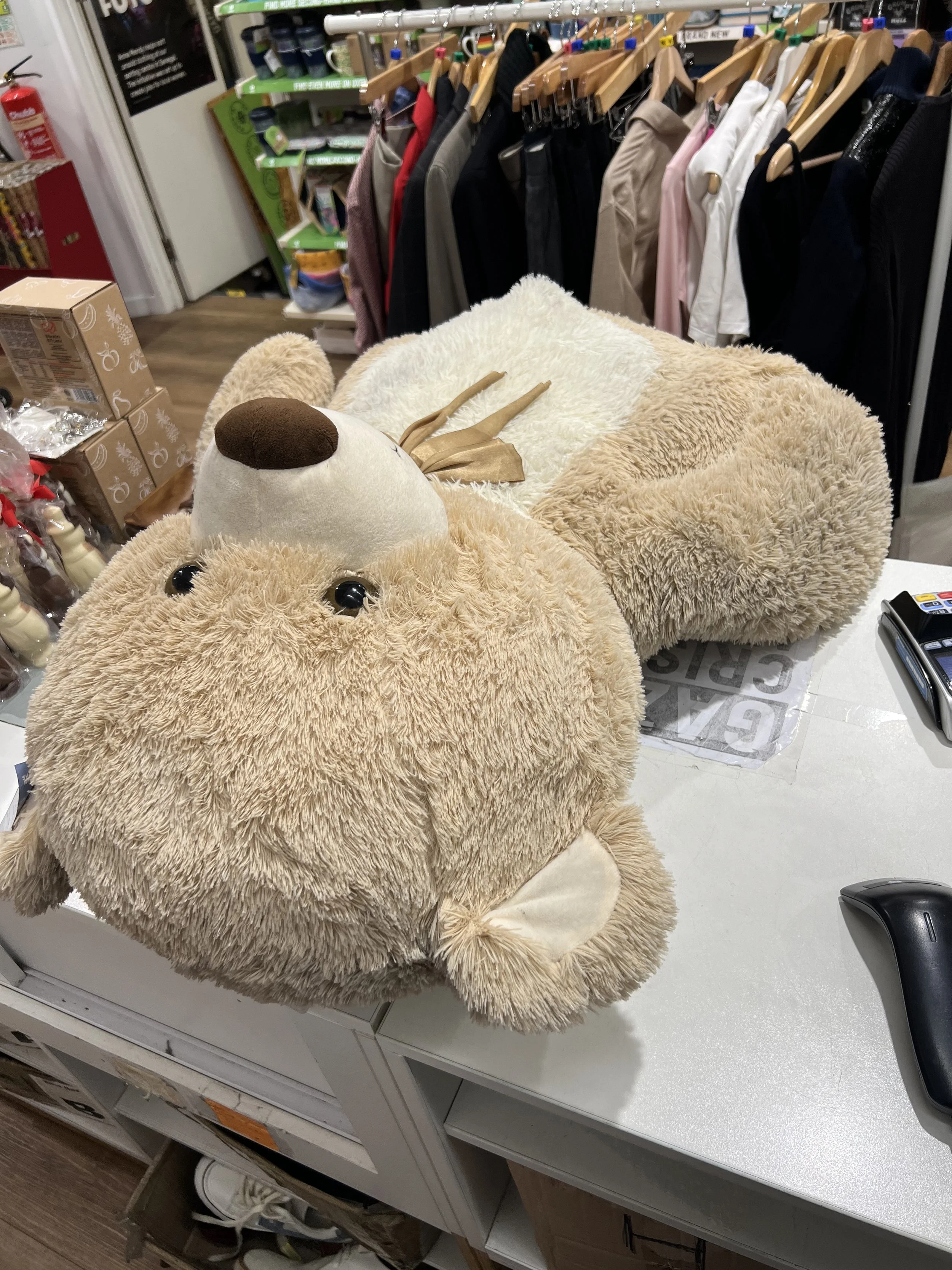 A large plush dog lying on a store counter with clothes hanging on racks behind it.