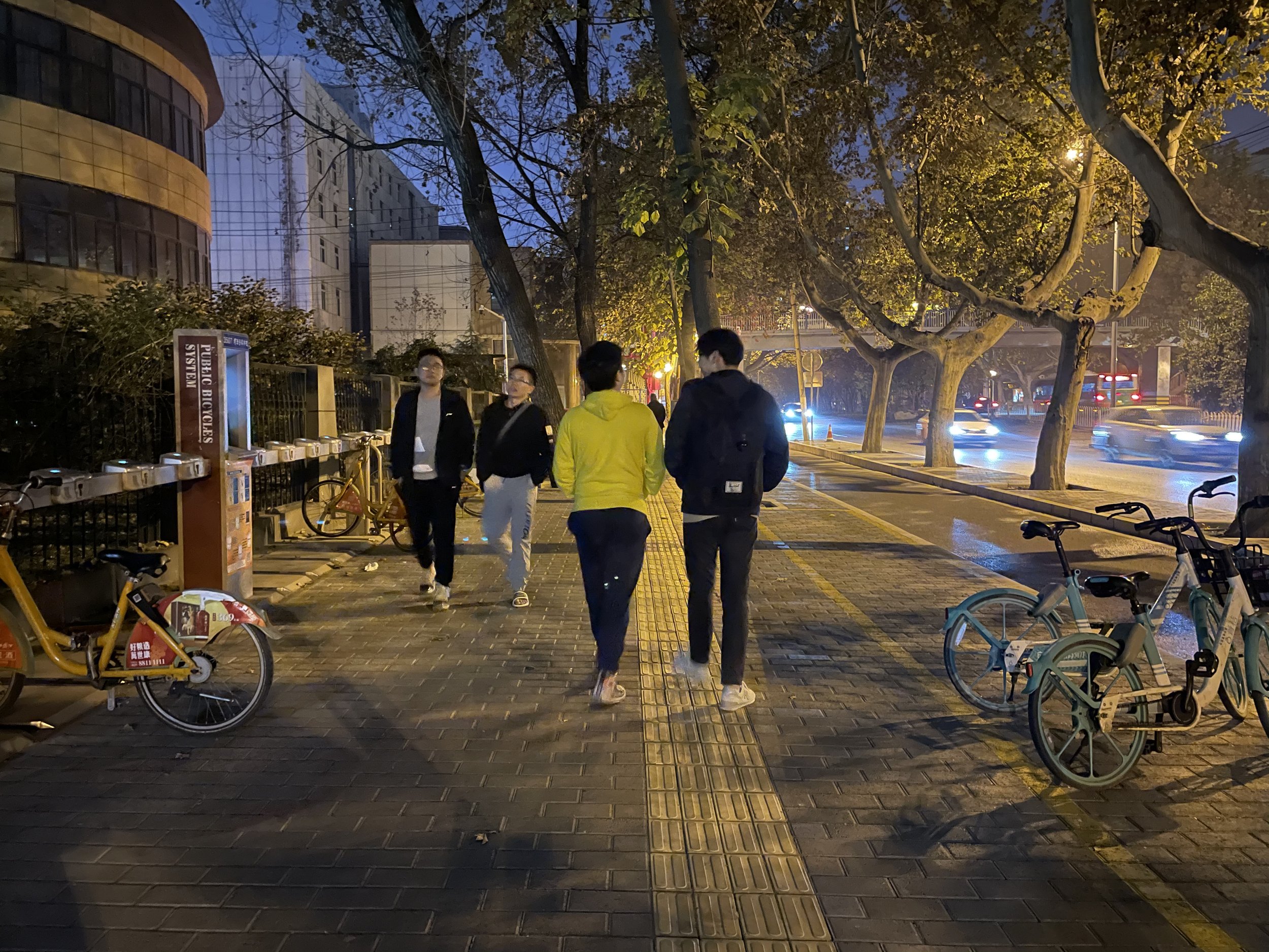 Nighttime urban scene with pedestrians walking on a sidewalk lined with trees, bicycles parked on the side, and buildings in the background, illuminated by streetlights and vehicle headlights.