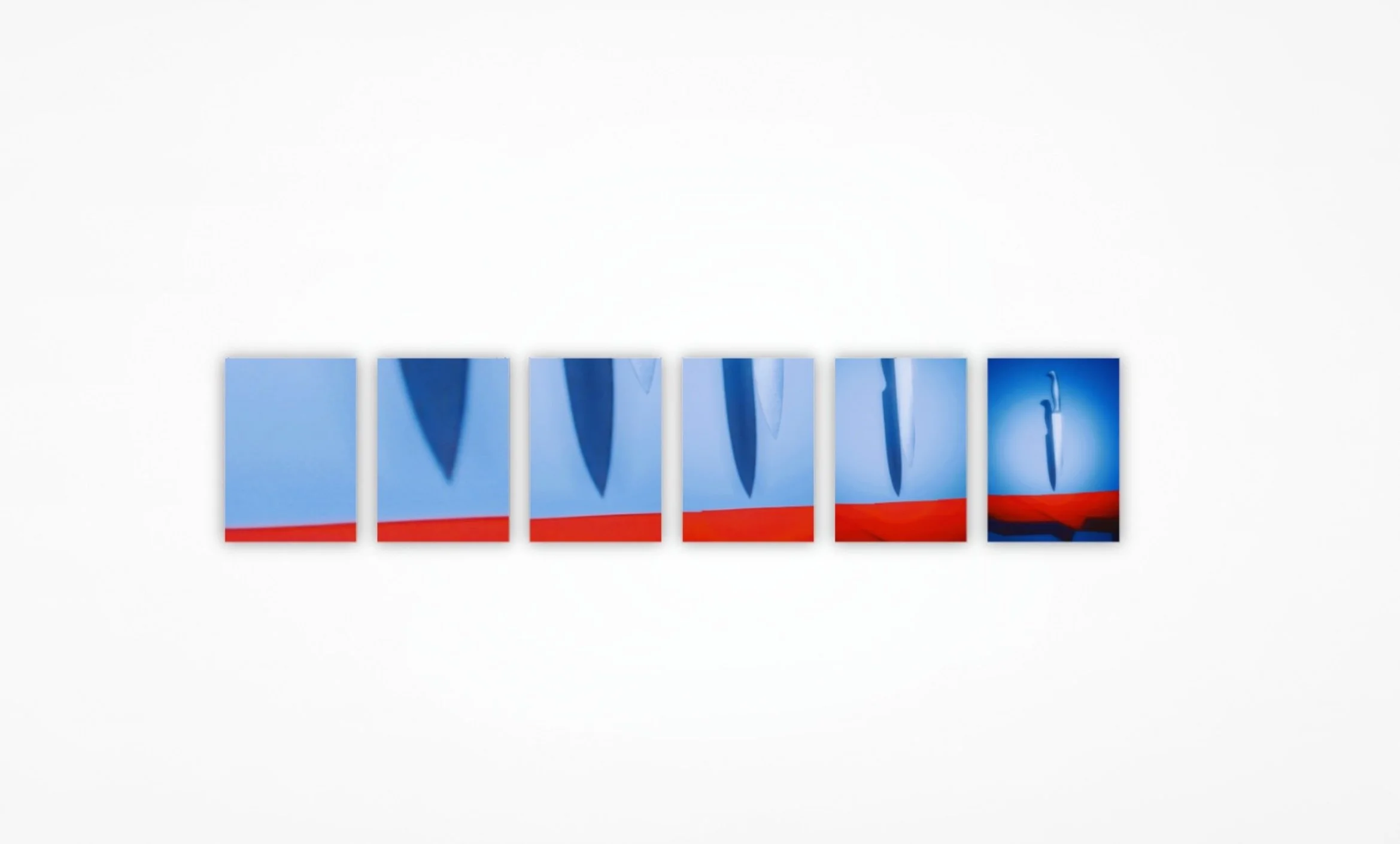 A set of seven vertically oriented cards with blue backgrounds, each featuring a part of a knife or blade, arranged in a row on a white surface.