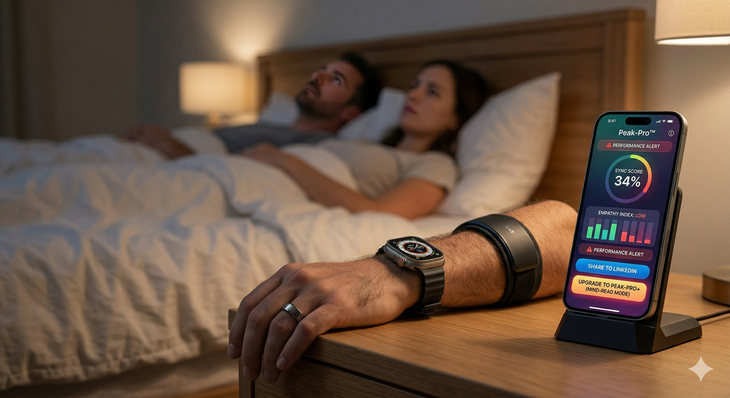 A couple lies in bed while an arm lies next to a cell phone on a bed side table