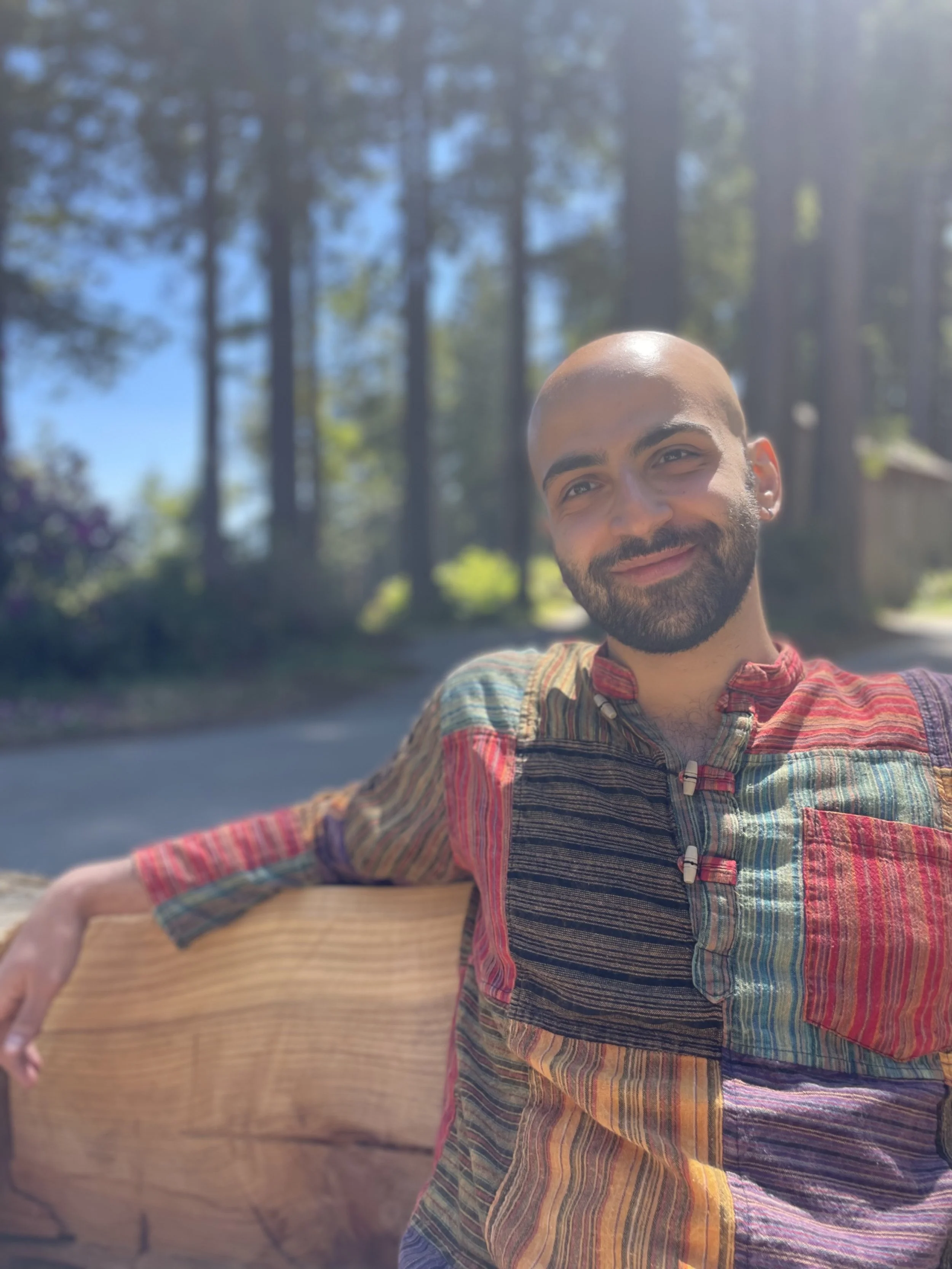A man with a bald head and beard smiling outdoors in front of trees, wearing a colorful striped shirt, with one arm extended and resting on a wooden surface.
