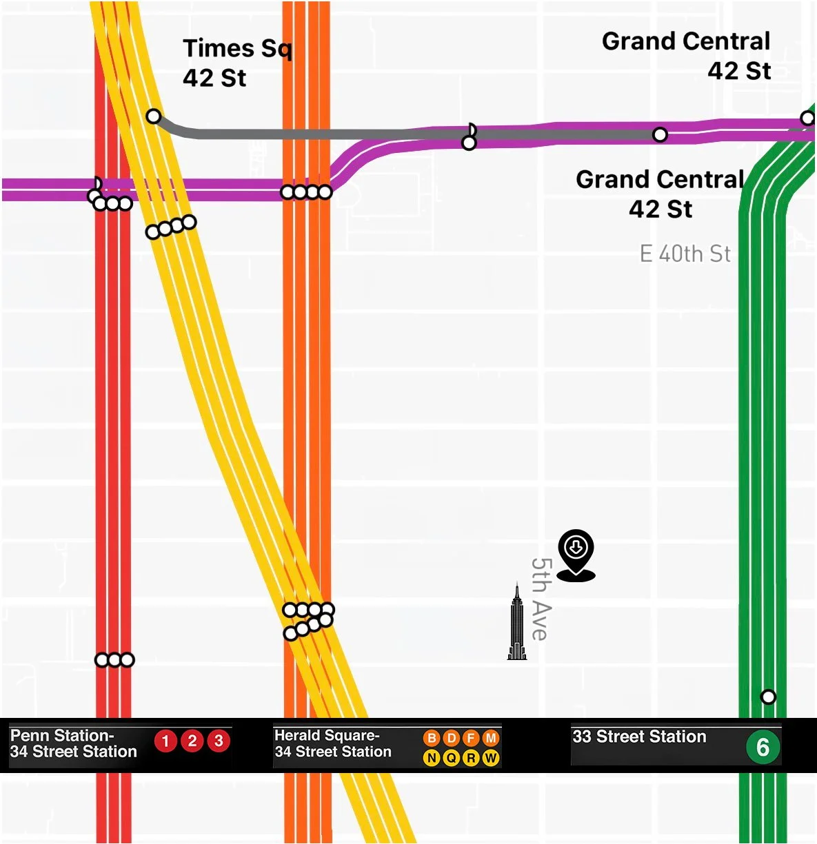 Map of New York City subway lines showing stations and routes around 42nd Street, including Times Square, Grand Central, Penn Station, Herald Square, and 33rd Street Station with various train lines and color codes.