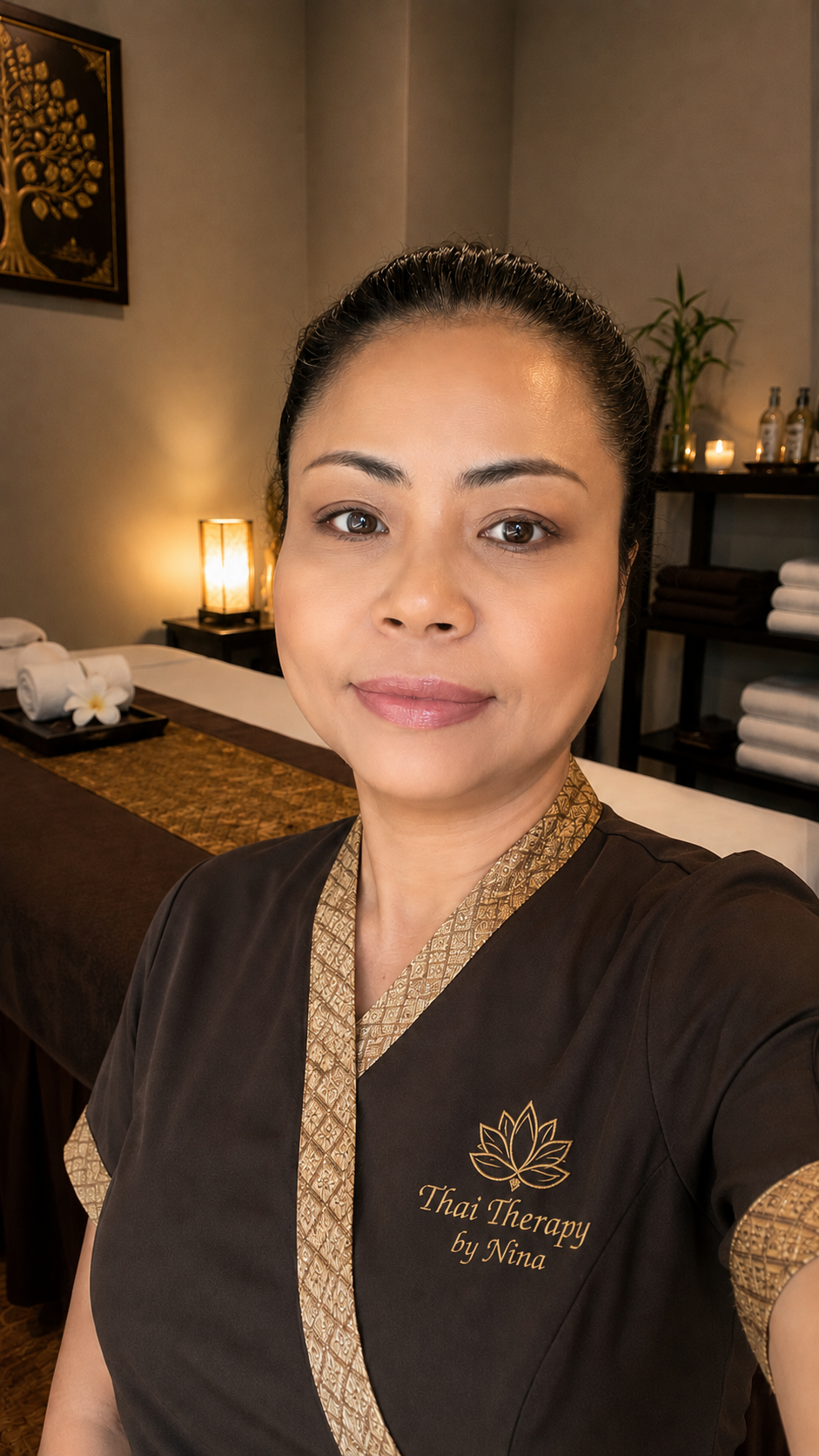 A woman wearing a brown uniform with gold accents, standing in a massage room with a massage bed, towels, candles, and decor, smiling at the camera.