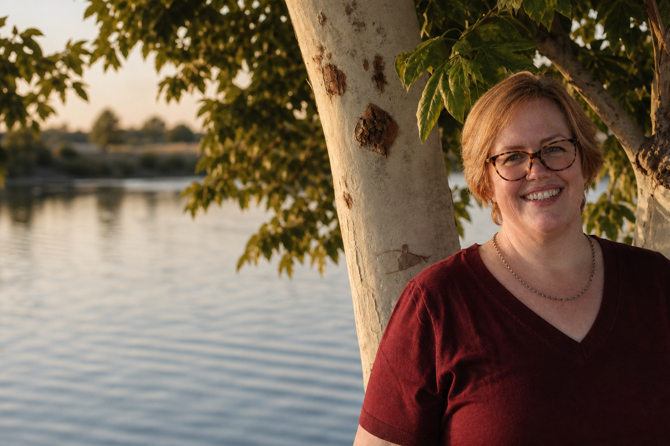 A woman with short, light brown hair and glasses smiling outdoors next to a tree with a river in the background during sunset.