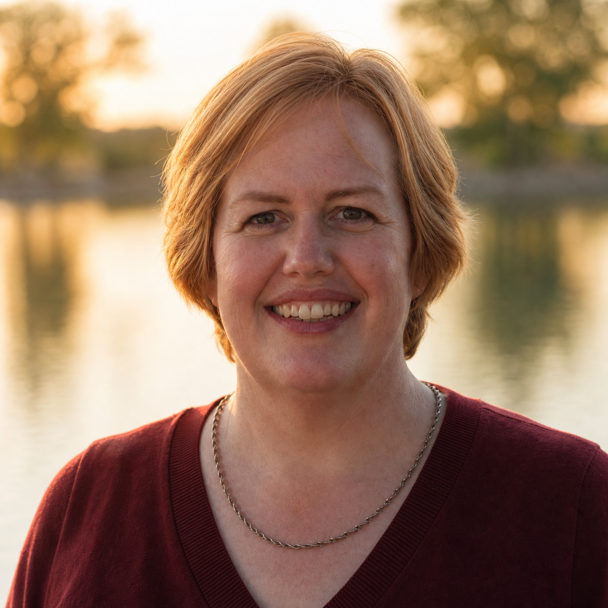 A smiling woman with short red hair, wearing a maroon top and a silver chain necklace, stands outdoors near a body of water during sunset.