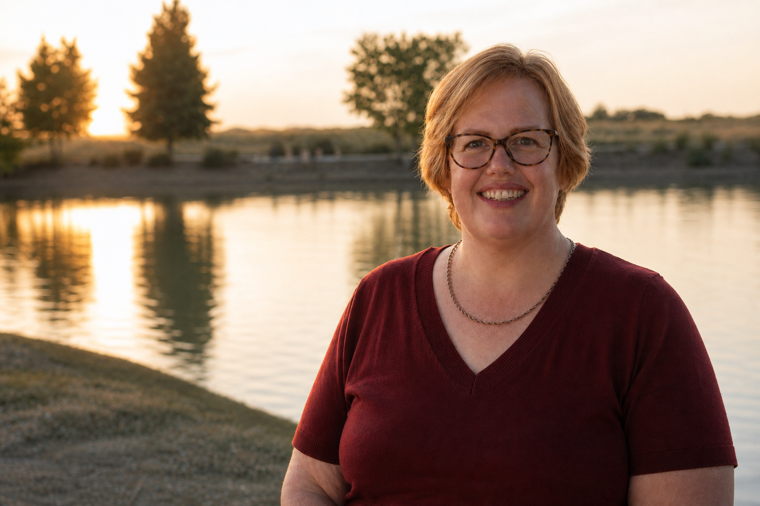 Smiling woman with glasses and short hair wearing a red V-neck shirt and necklace standing near a body of water at sunset, with trees in the background.