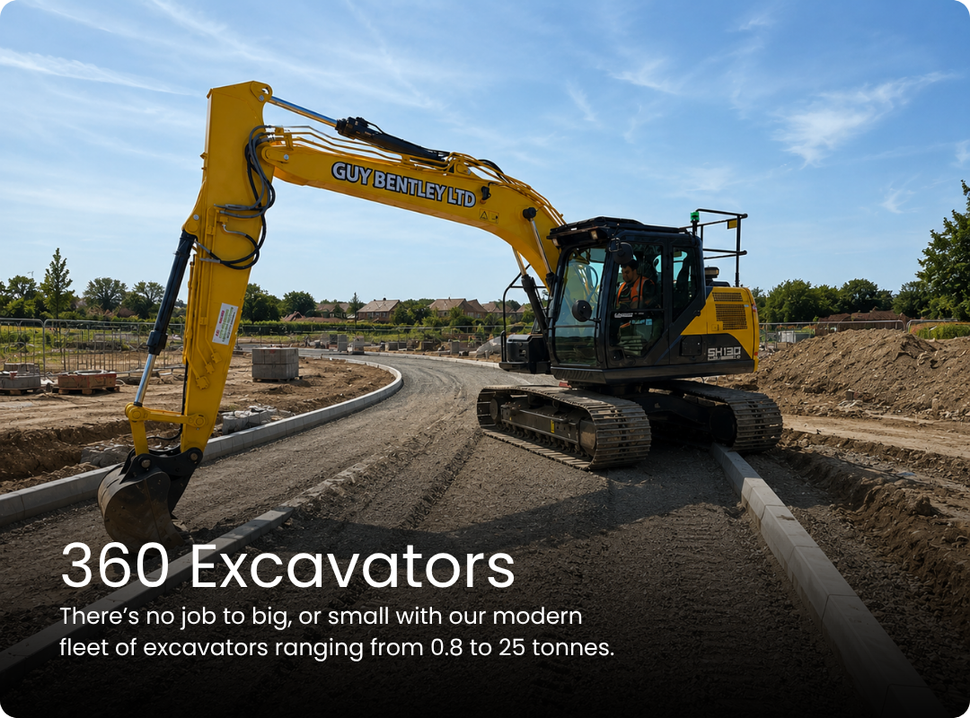 Yellow Guy Bentley Ltd 360 excavator operating on a construction site with partially built roads and curbs