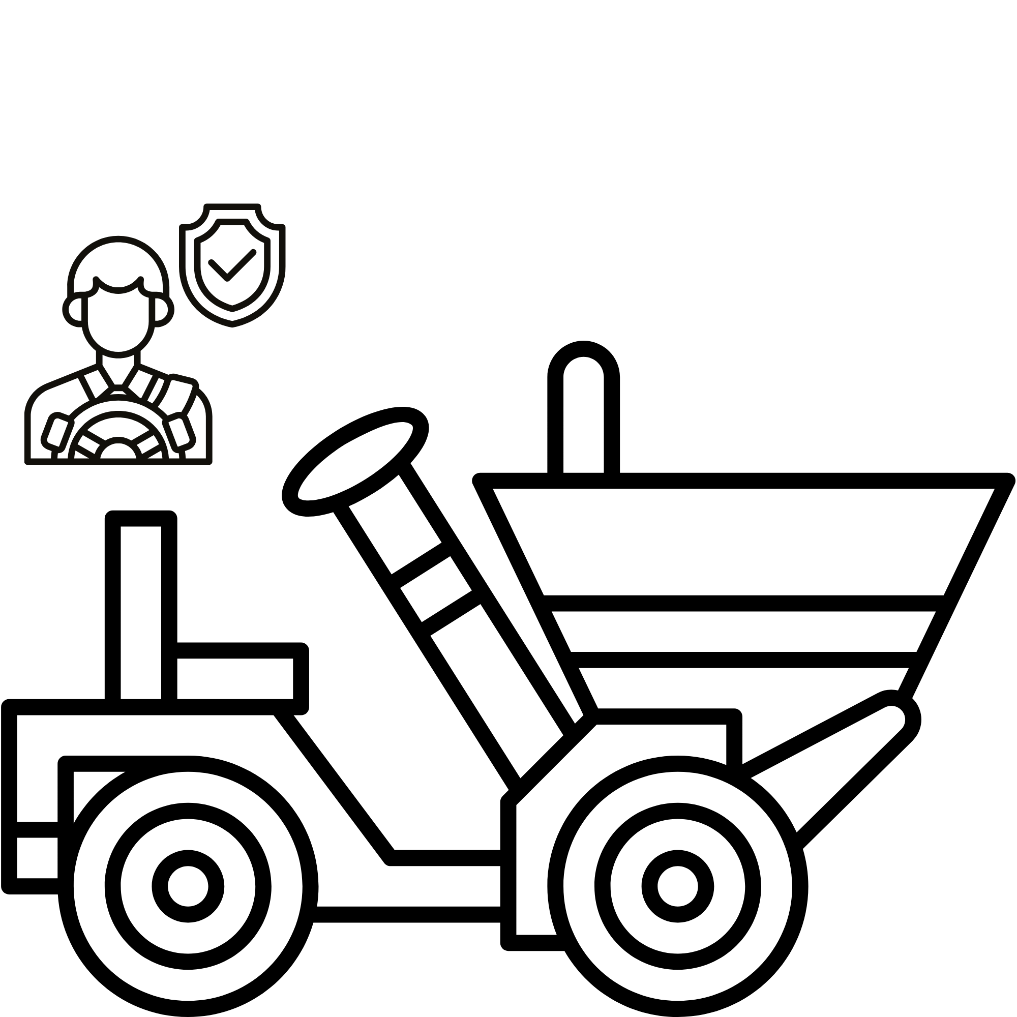 Black line illustration of a secure forklift carrying a large shipping container, with a worker and shield icon in the background.