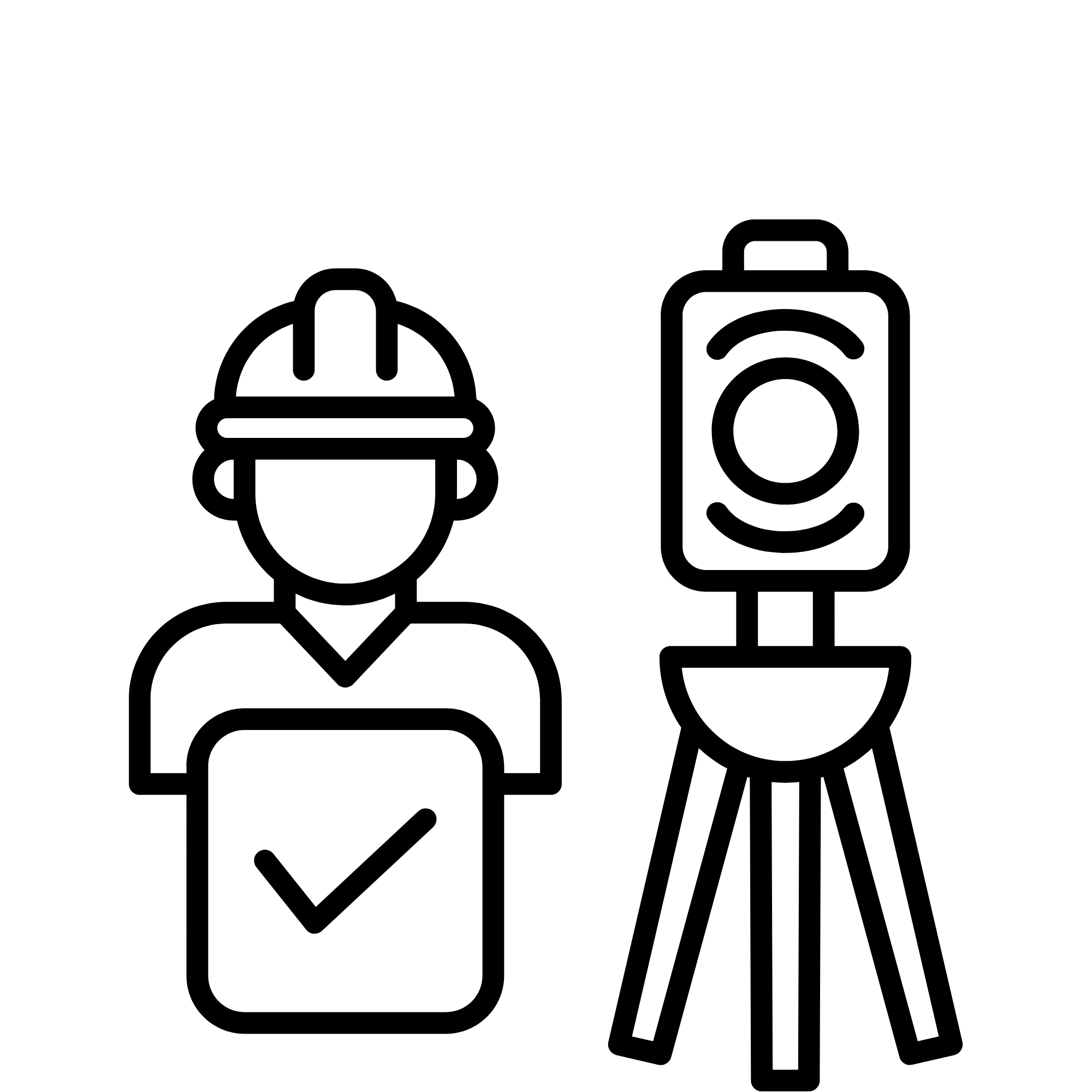 Black-and-white icon of a construction worker wearing a hard hat beside a surveying instrument on a tripod