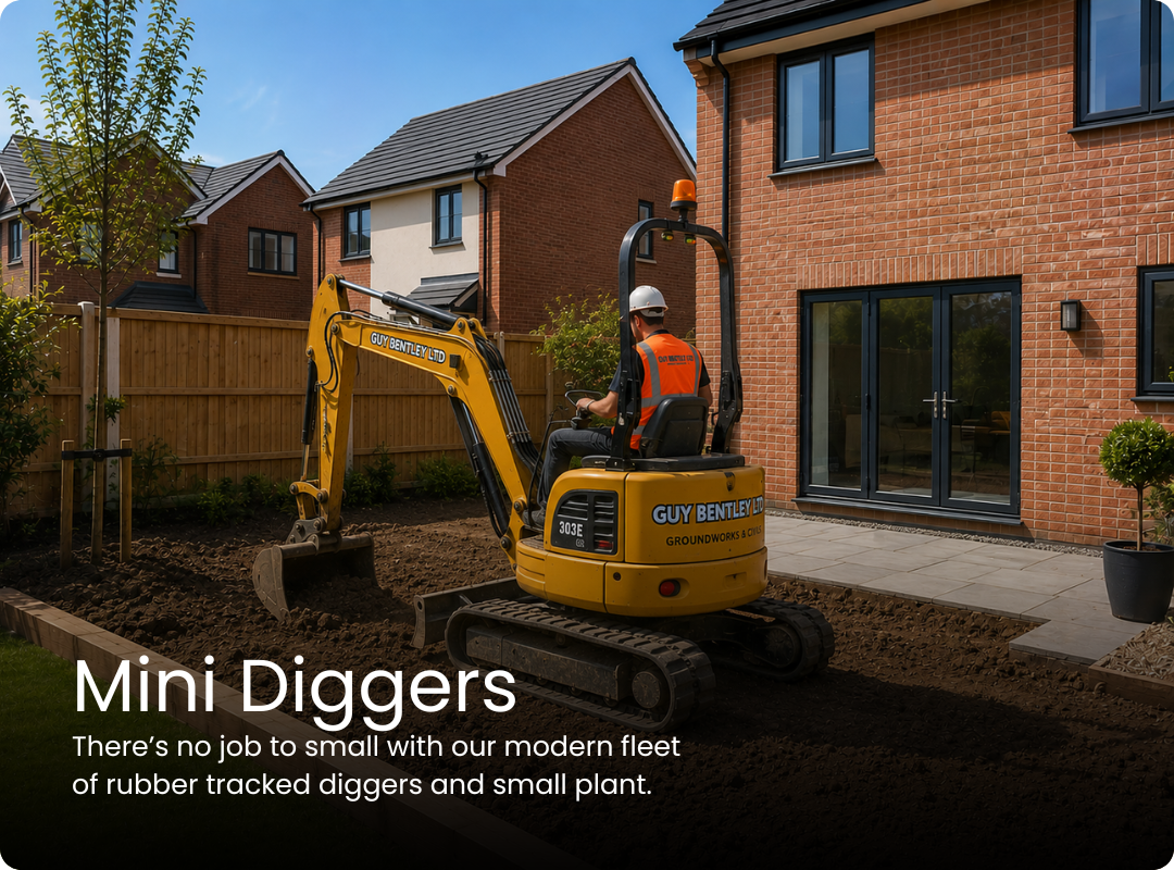 Yellow mini excavator digging a residential garden beside a modern brick house