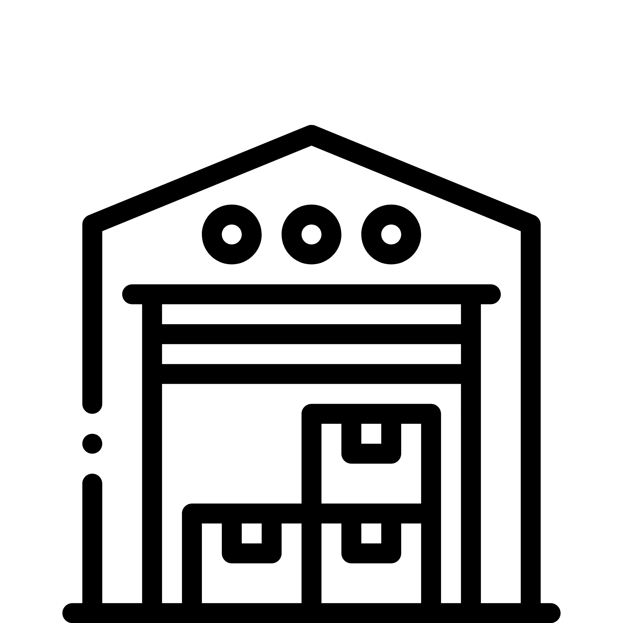 Black line icon of a garage with a smiling face, large door, and roller shutter.