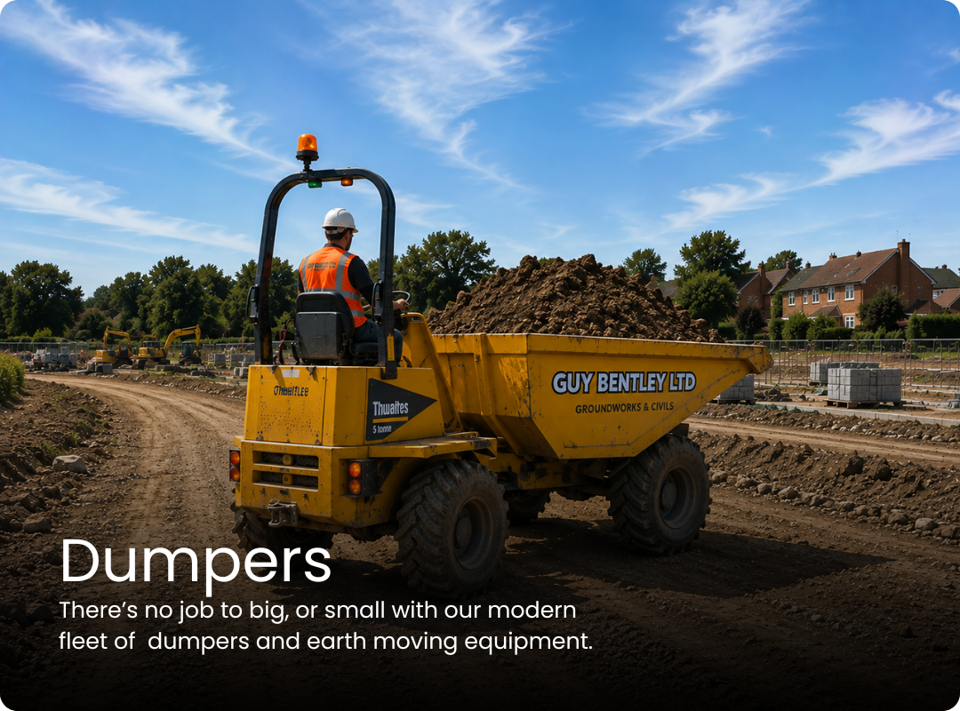 Yellow Thwaites site dumper truck carrying soil at a construction site, with an operator in a hard hat and high-visibility vest.