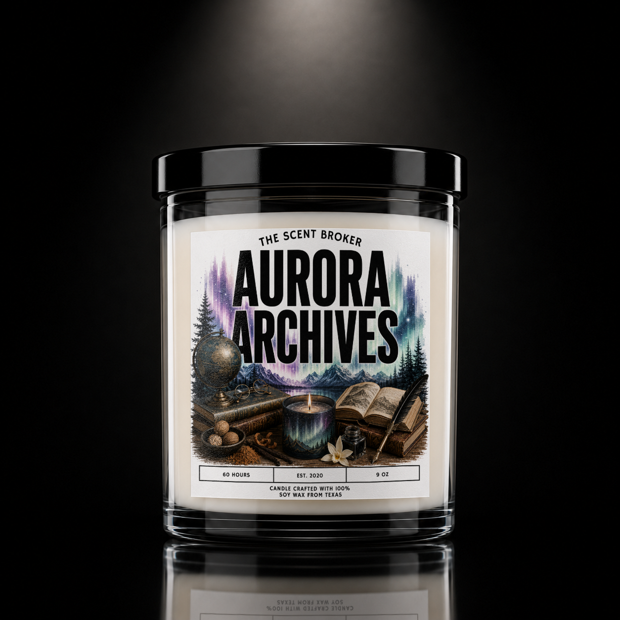 A white candle in a glass jar with a black lid, labeled 'Aurora Archives,' featuring a scenic design with mountains, trees, and an aurora borealis, set against a black background.