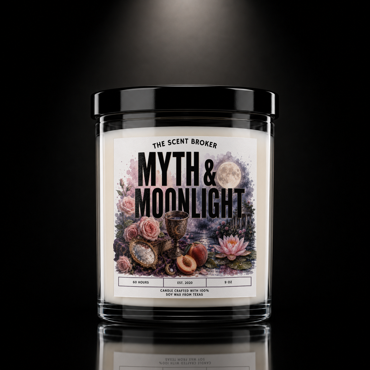 A white candle in a clear glass jar with a black lid, labeled 'Myth & Moonlight' with moon, flowers, and fruit illustrations on a dark background.