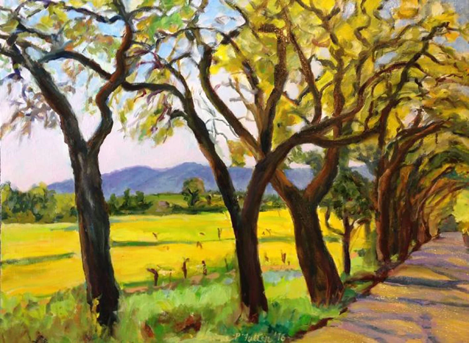 A painting of a scenic outdoor landscape with a row of trees stretching along a dirt path on the right. The trees have twisted trunks and green foliage, with some leaves turning yellow. Beyond the trees is a vibrant yellow field, and distant mountains are visible in the background under a light sky.
