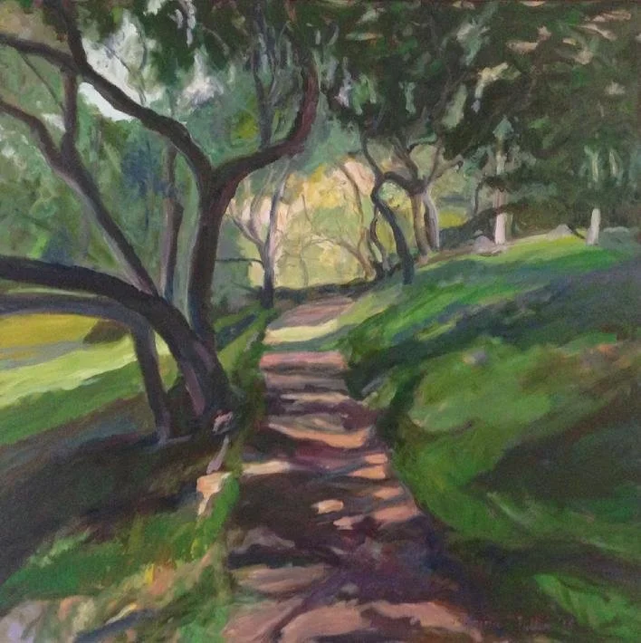 Painting of a winding dirt path surrounded by green grass and trees with sunlight filtering through the leaves.