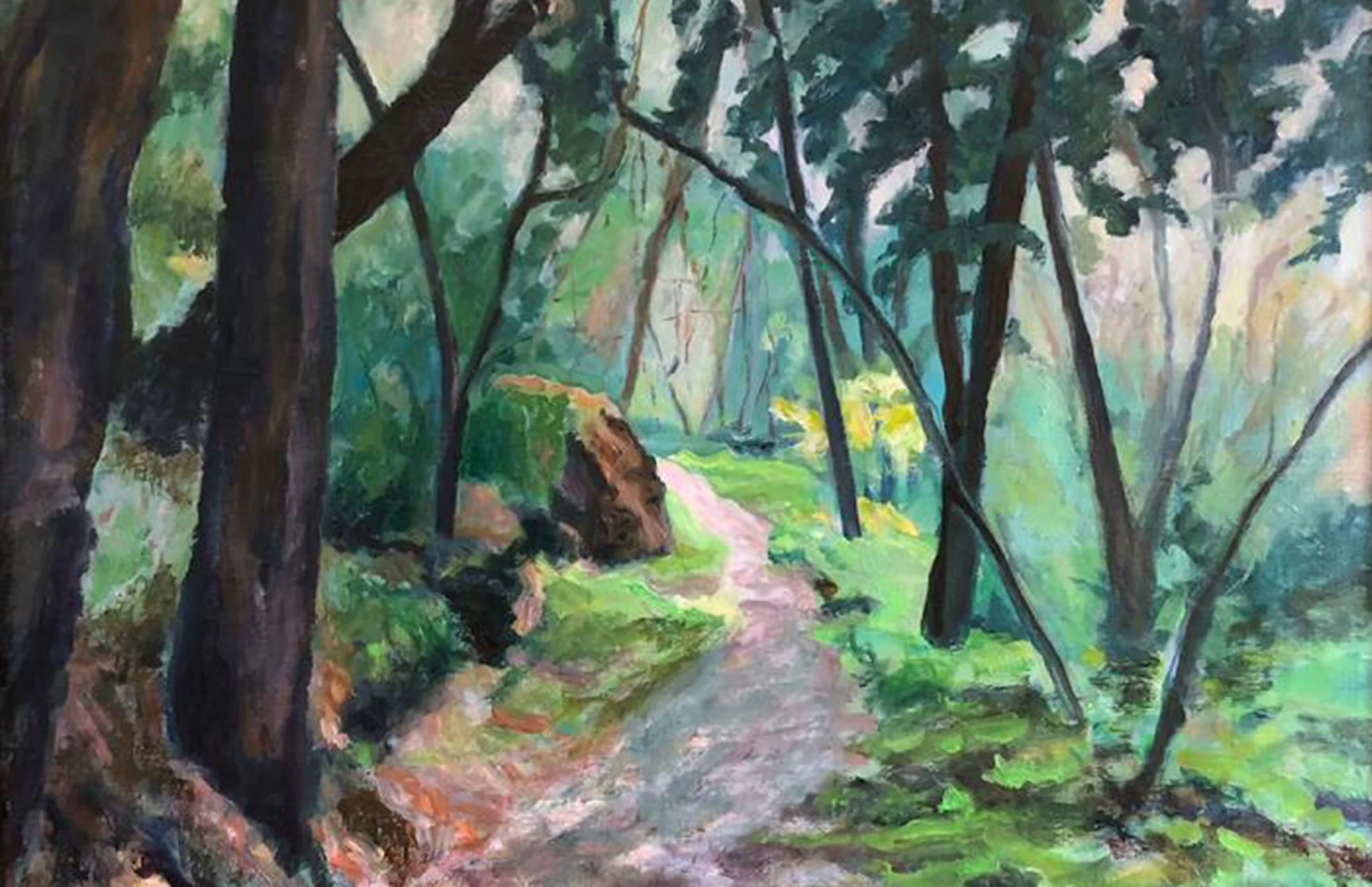 A colorful painting of a forest with tall trees, green foliage, a winding path, and patches of sunlight filtering through the leaves.