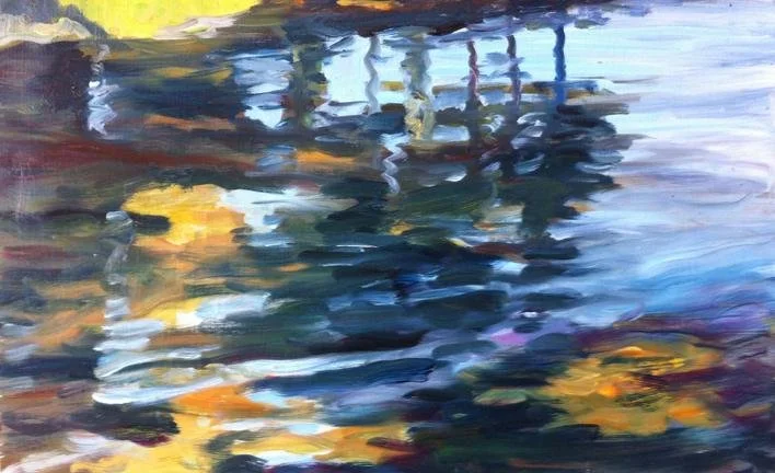 Abstract painting of a waterfront scene with reflections of boats and docks in the water.
