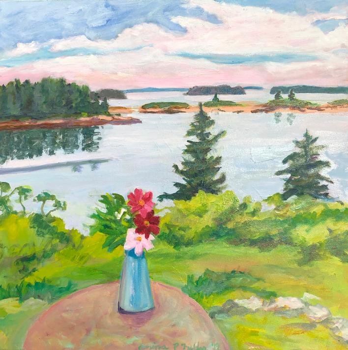 Waterfront landscape with trees, water, and a colorful sky, featuring a vase with flowers on a rock in the foreground.