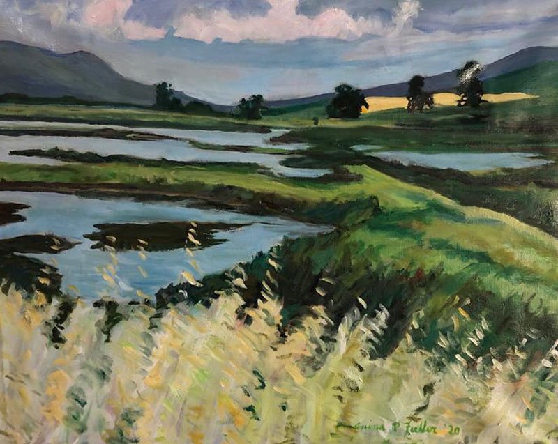 A landscape painting of rolling green hills and flowing rivers with trees in the distance under a partly cloudy sky.