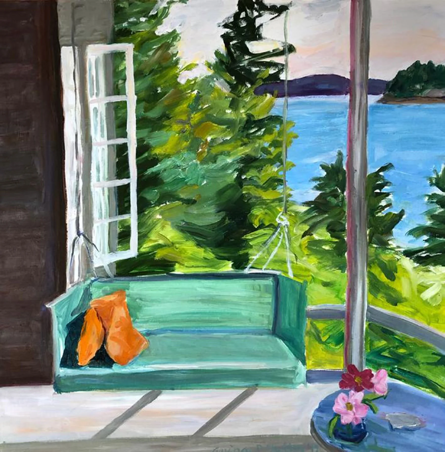 Painting of an open window with outside scenery including water, a small island, and blue sky, with a green plant and pink flowers in a blue vase in the room.
