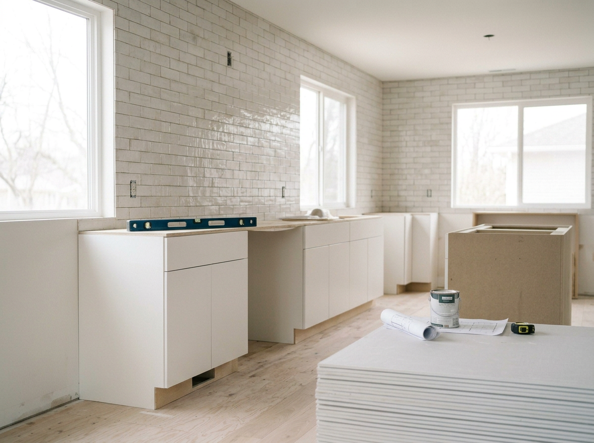 Interior of a kitchen under construction with white cabinets, brick walls, and large windows, with construction tools and materials.