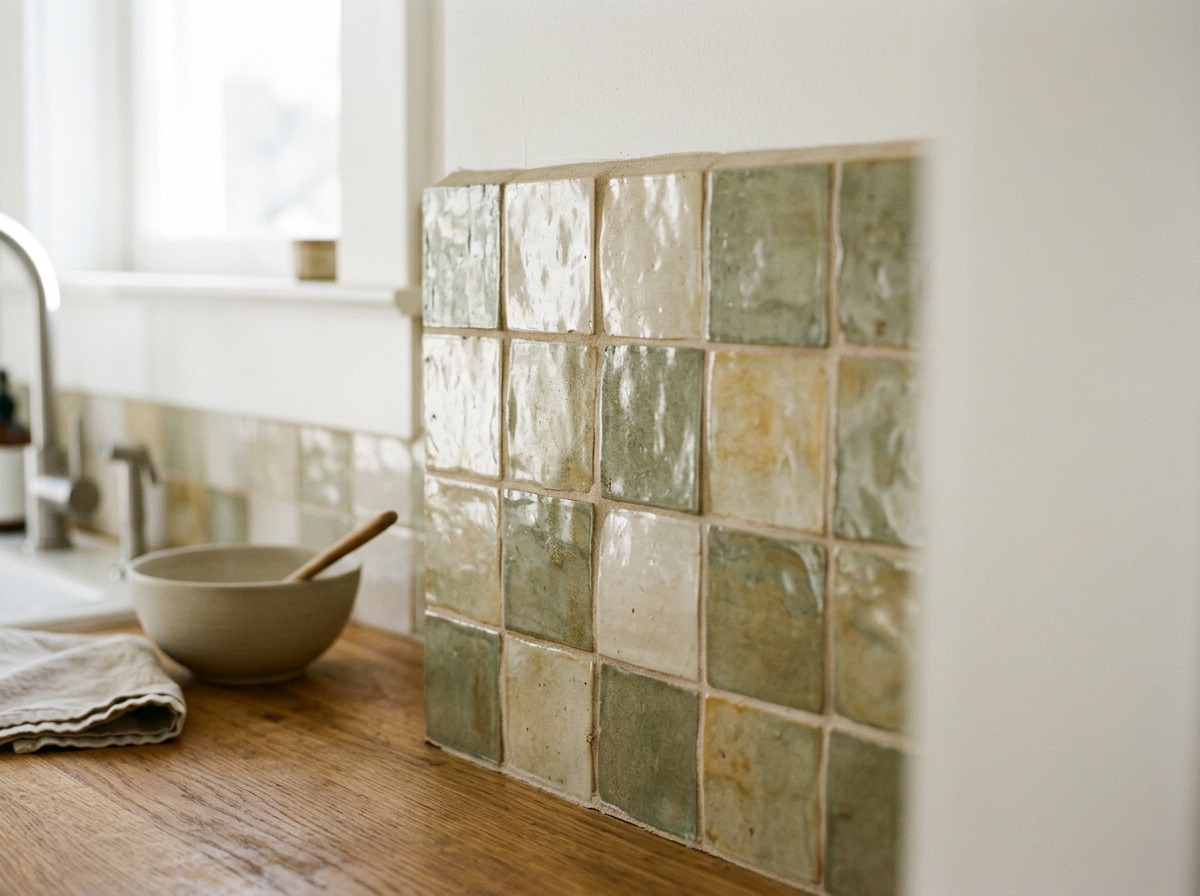 Close-up of a kitchen countertop with a partial view of a tiled wall in beige and green shades, a ceramic bowl, and a cloth towel under a window that allows natural light to enter.