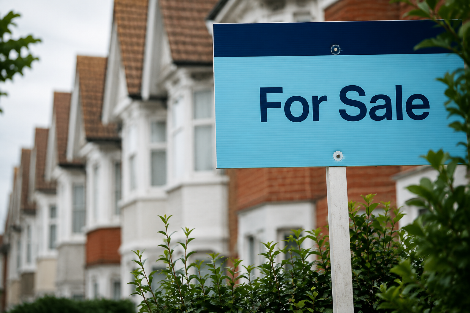 Blue for sale sign in front of a row of townhouses with red tile roofs and white facades.