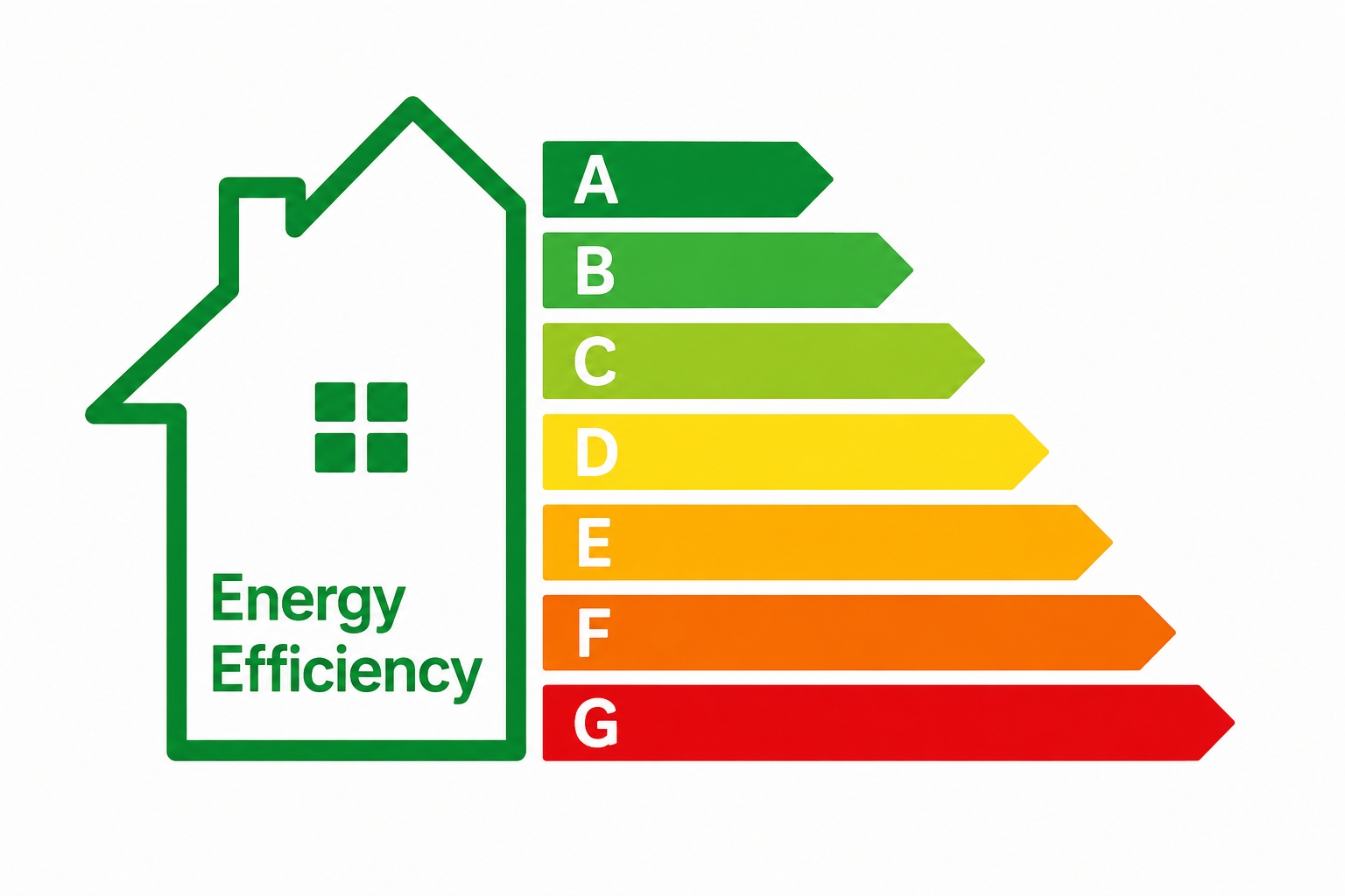 House outline with the words Energy Efficiency inside and an energy rating scale from A to G with color-coded arrows from green to red.