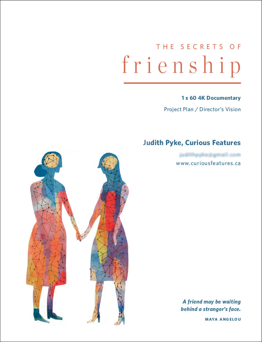 Cover page of a booklet describing a documentary titled 'The Secrets of Friendship' showing two watercolour-style women holding hands, with a quote by Maya Angelou at the bottom.